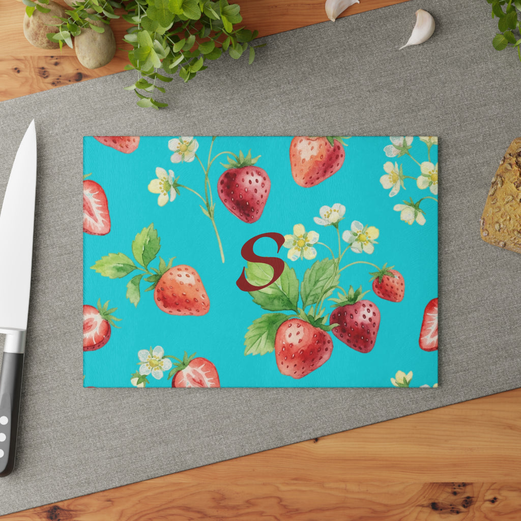 Glass Cutting Board | Strawberry Pattern Custom Monogram Kitchen Decor