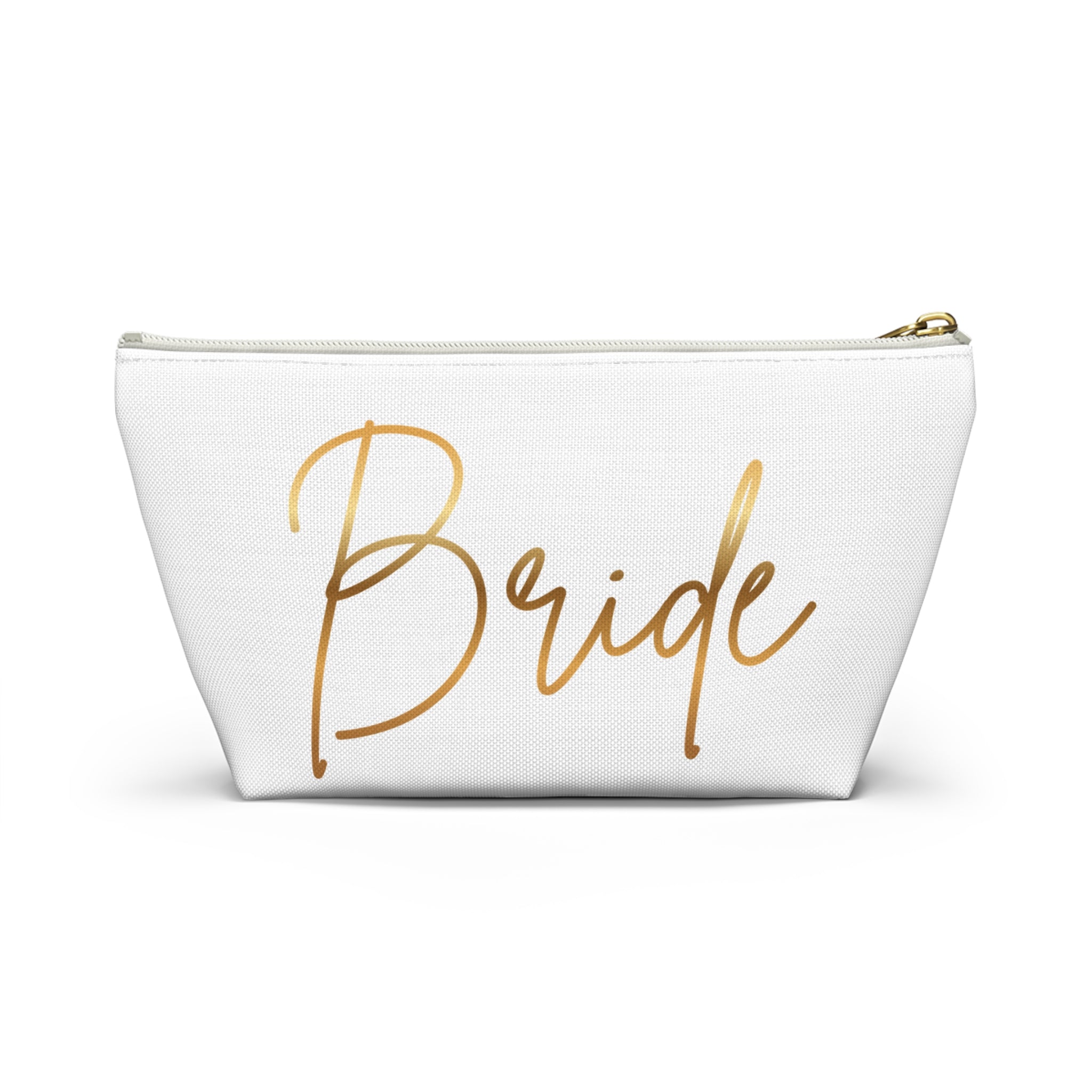 T Bottom Accessory Pouch | 'Bride' White with Gold Script Cosmetic Bag