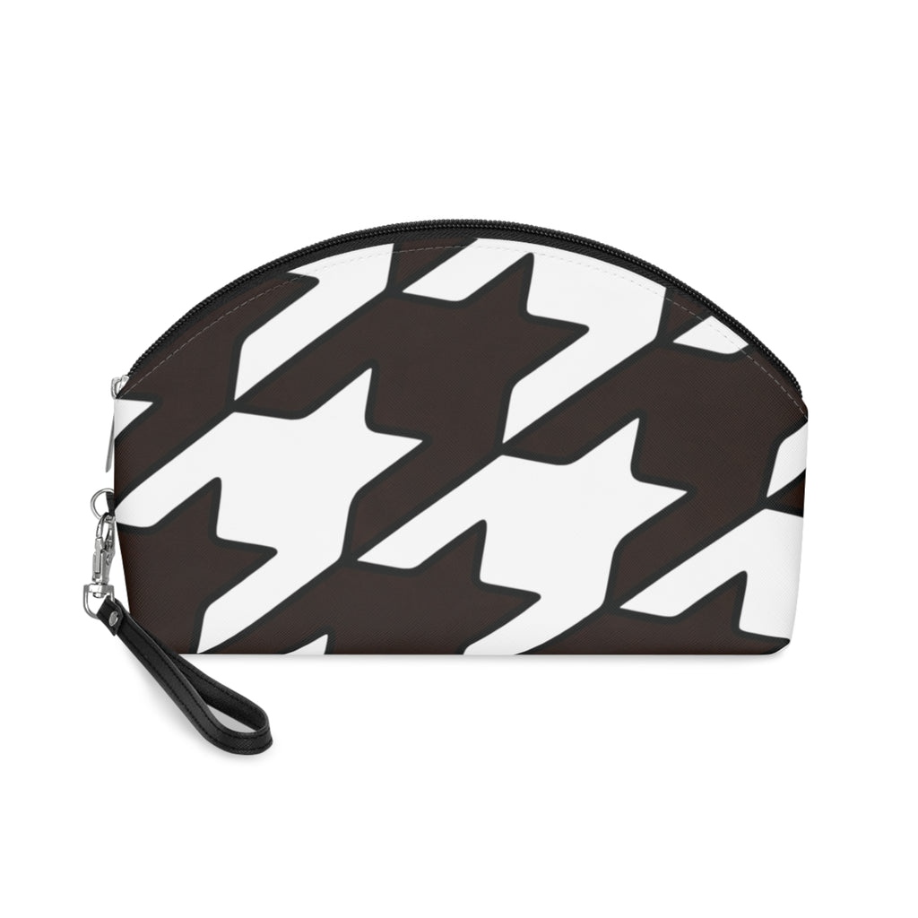 Cosmetic Pouch | Black & White Houndstooth Makeup Bag with Wrist Strap