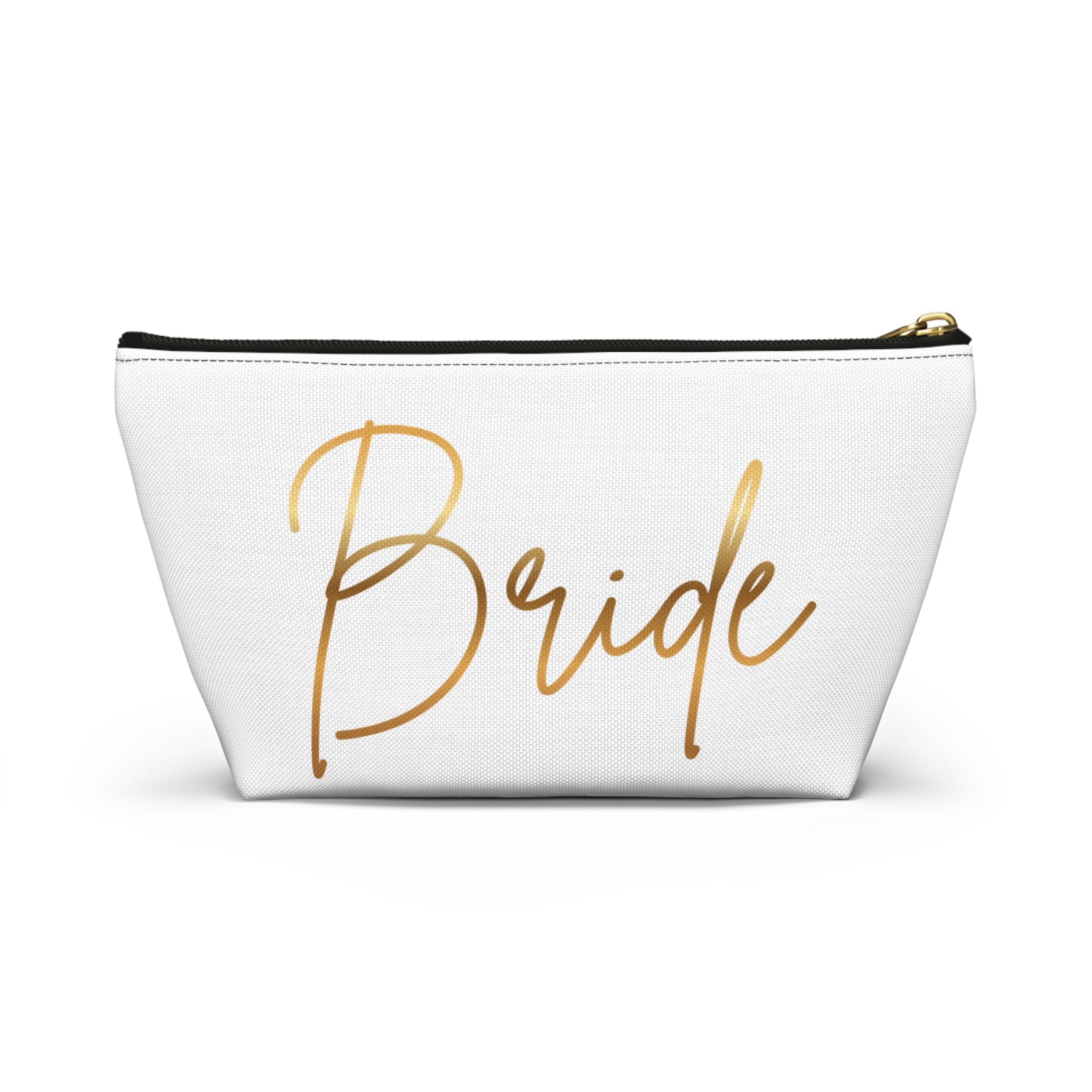 T Bottom Accessory Pouch | 'Bride' White with Gold Script Cosmetic Bag