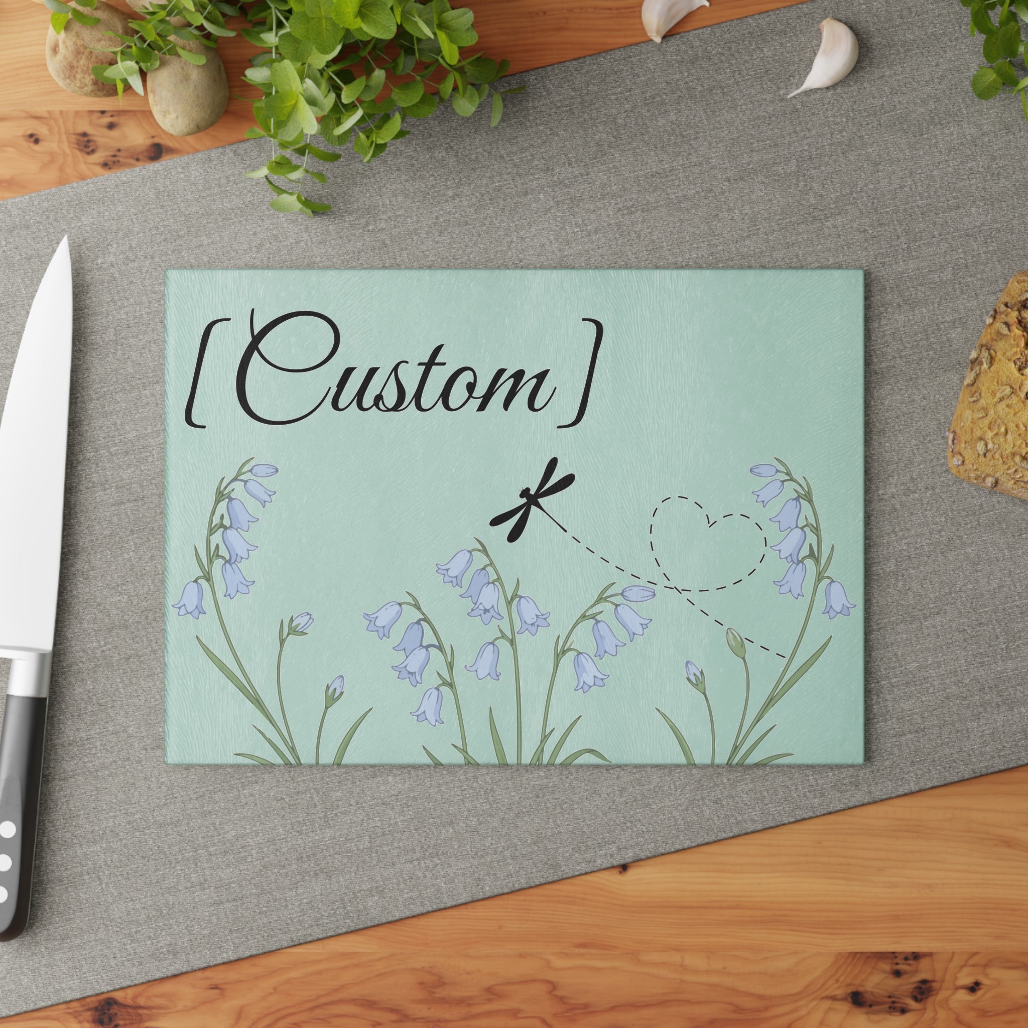 Glass Cutting Board | Bluebell Floral and Dragonfly with Custom Name Option