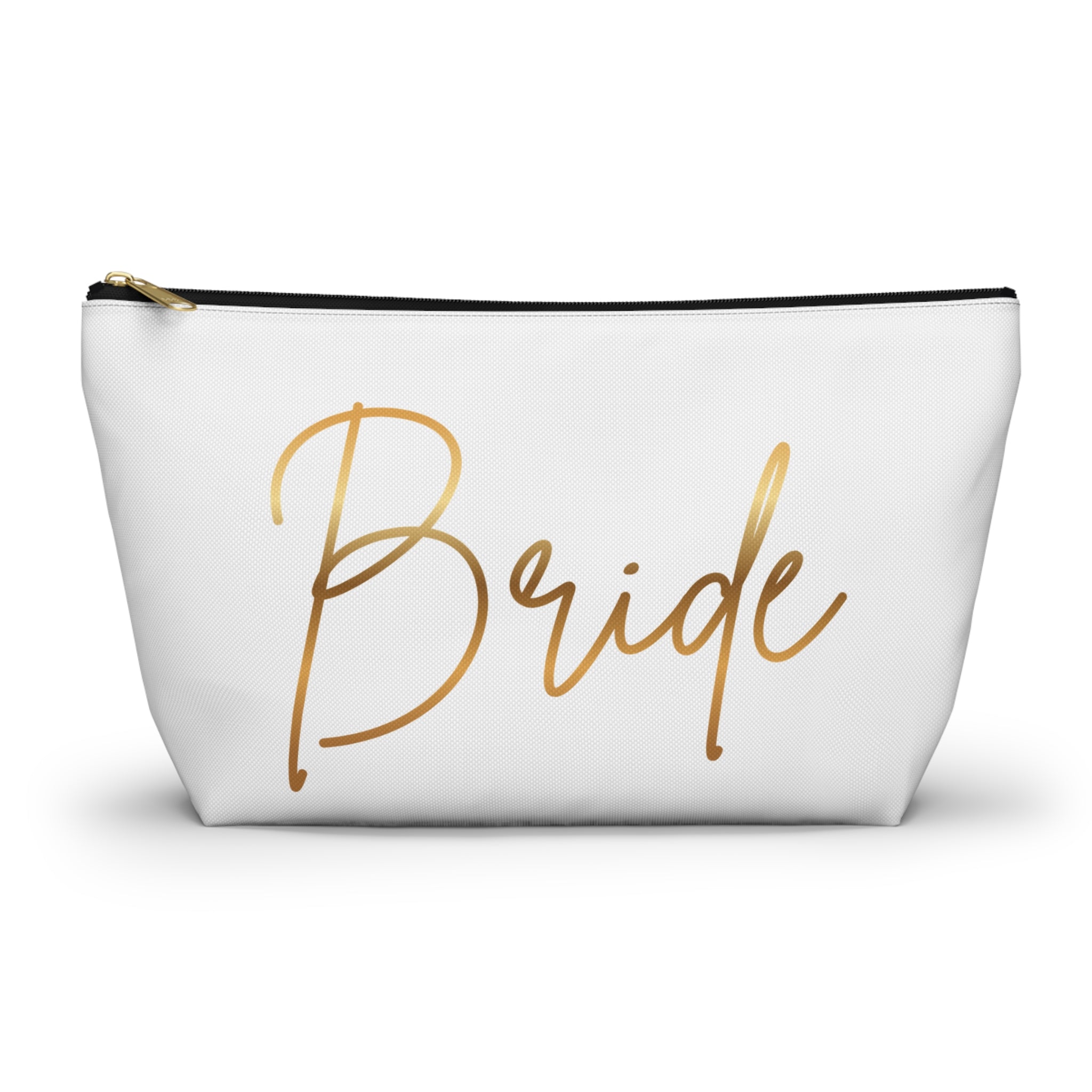 T Bottom Accessory Pouch | 'Bride' White with Gold Script Cosmetic Bag