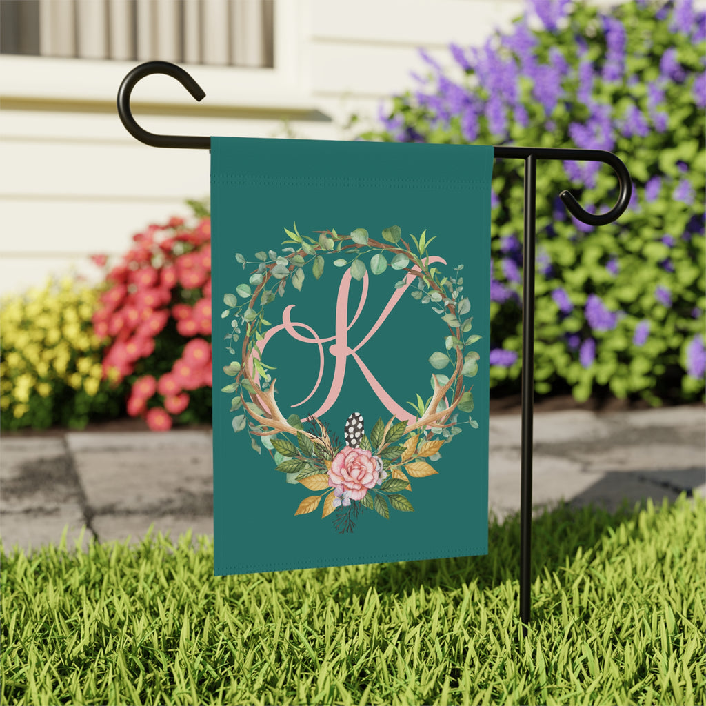 Home & Garden Banner | 'K' Monogram Floral Boho Wreath Flag