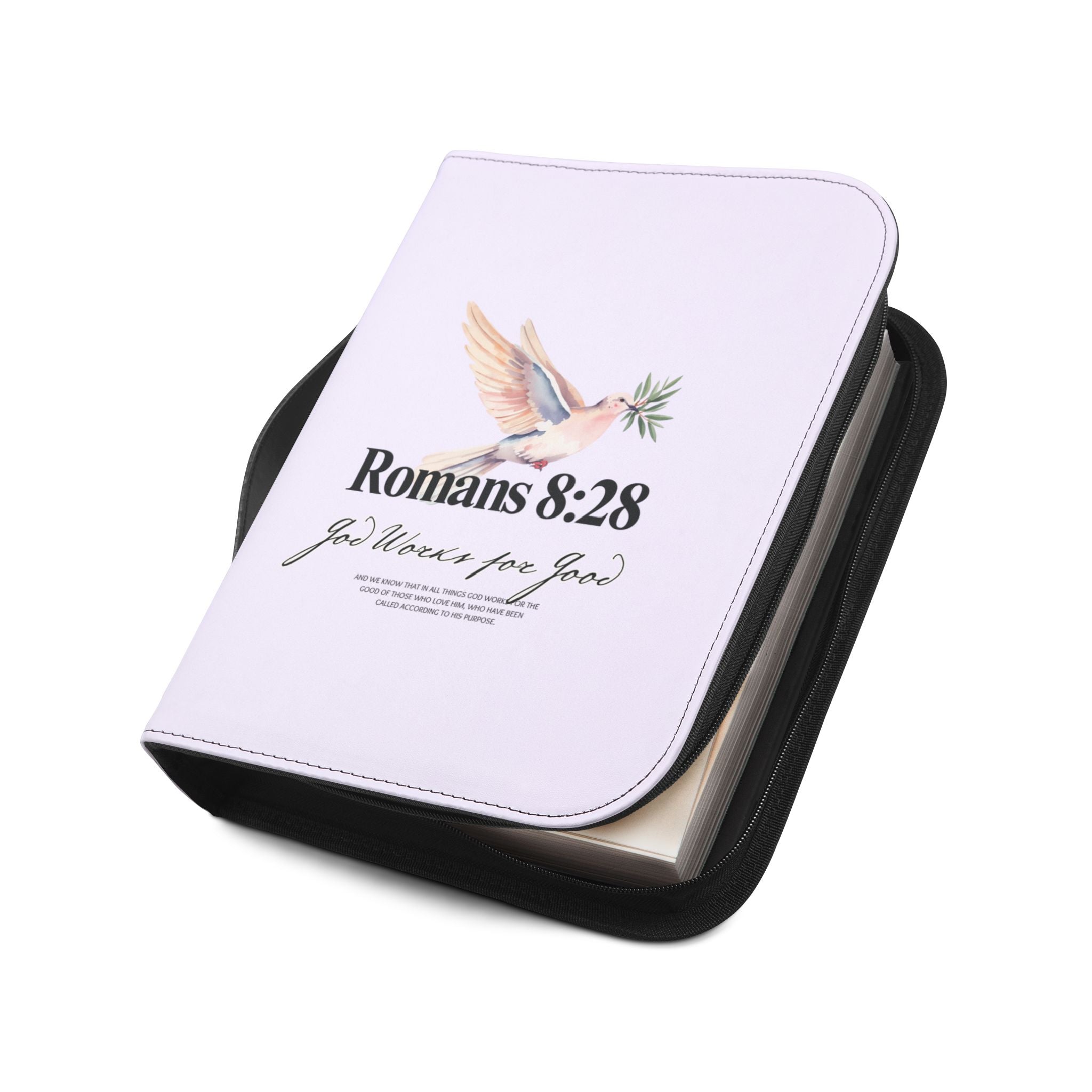 Bible Cover | Romans 8:28 Scripture Dove with Olive Branch Zippered Case