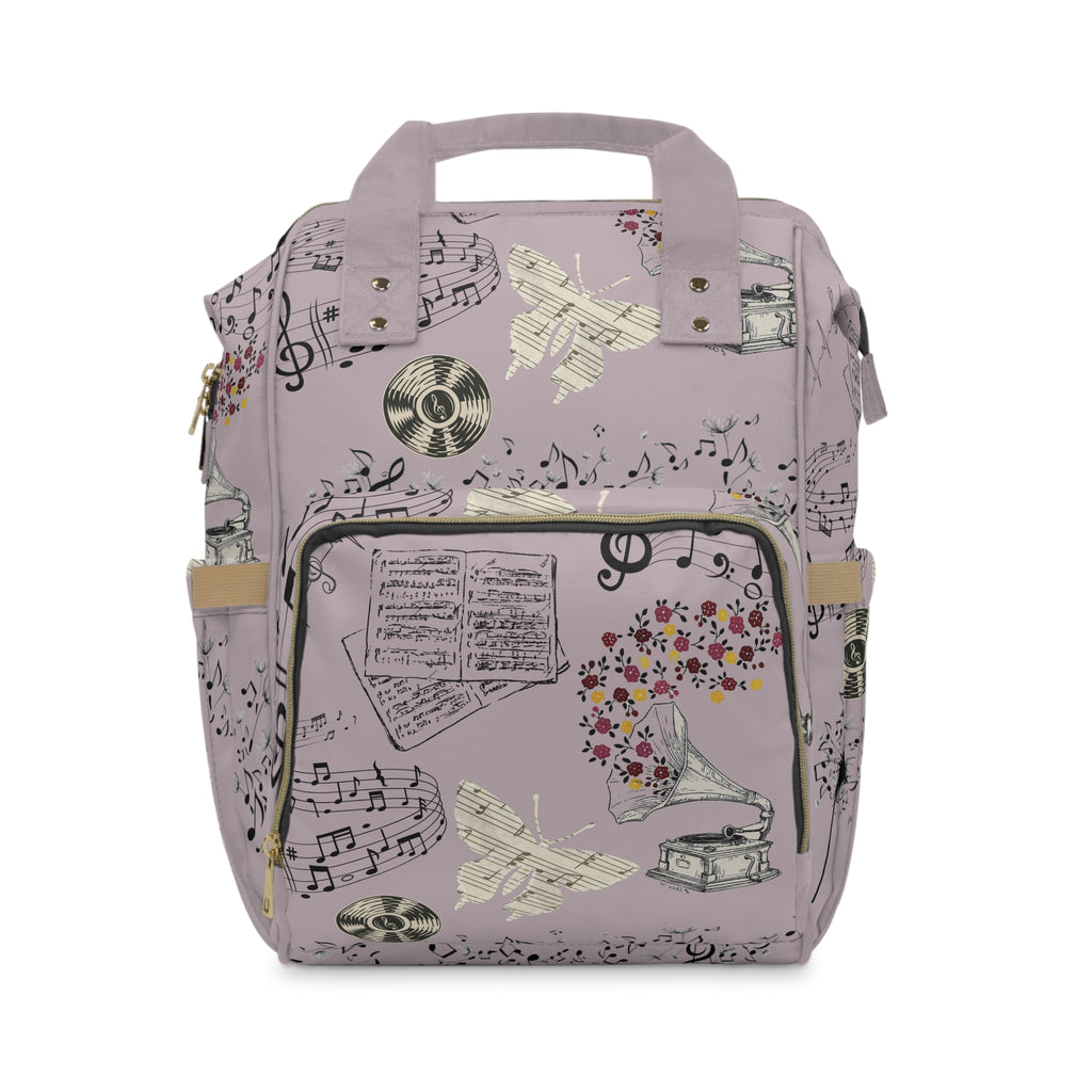 Diaper Backpack | Multifunctional Baby Bag with Vintage Gramophone & Sheet Music Print