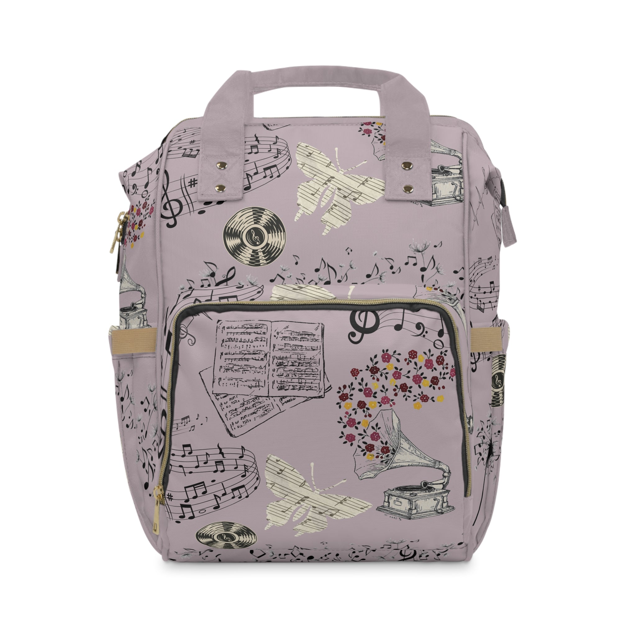 Diaper Backpack | Multifunctional Baby Bag with Vintage Gramophone & Sheet Music Print