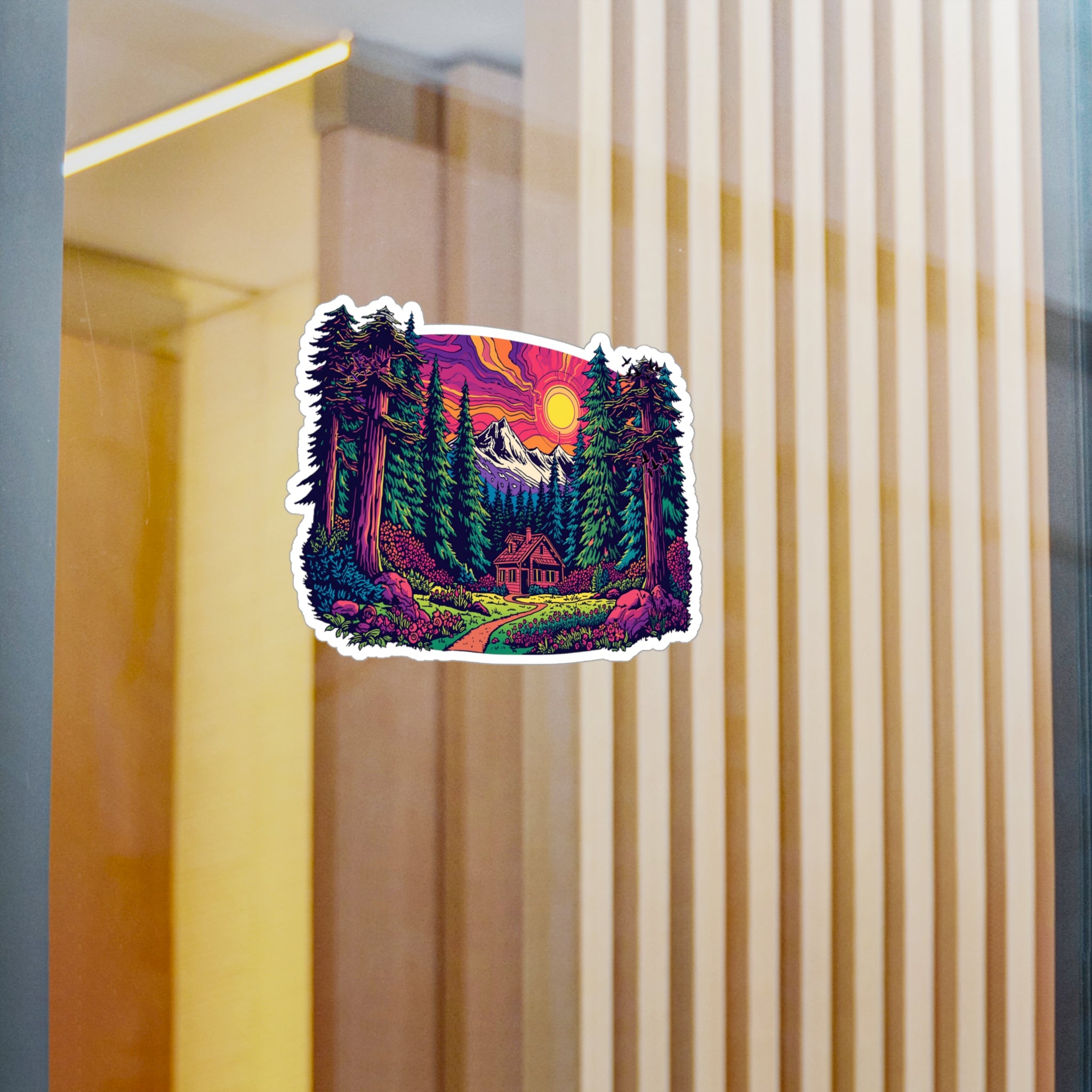 Vinyl Decal | Sunset Forest Cabin Sticker