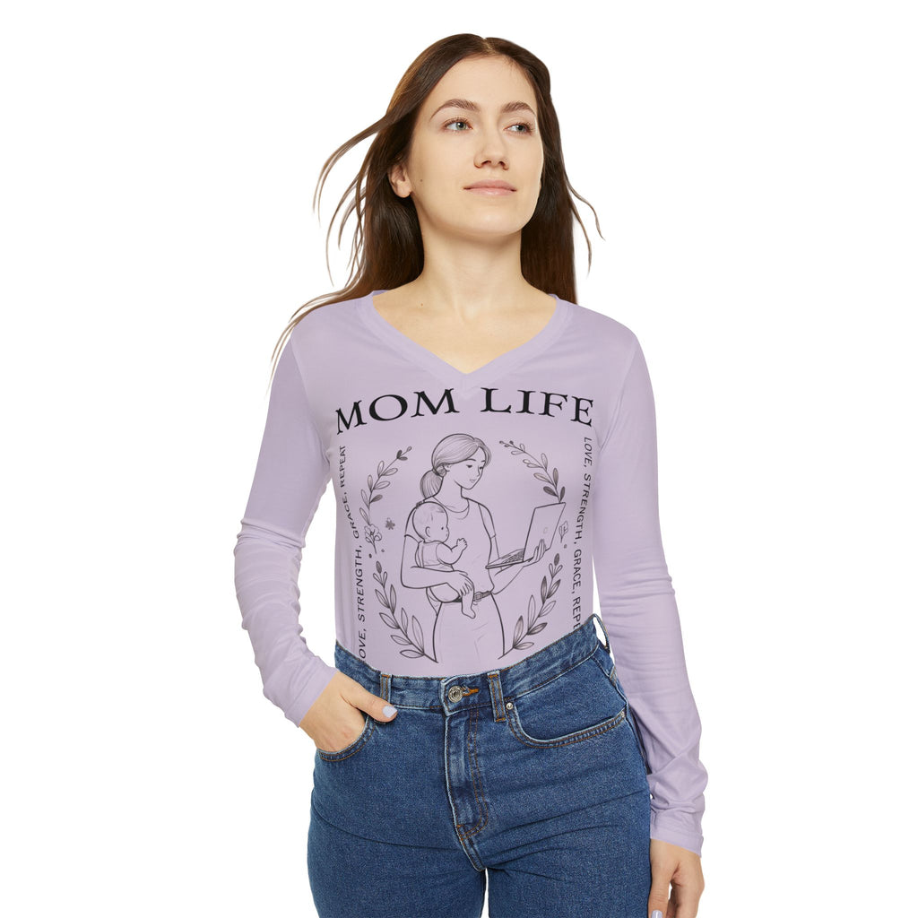 Mom Life Hustle Long Sleeve V-Neck in Dusky Lavender