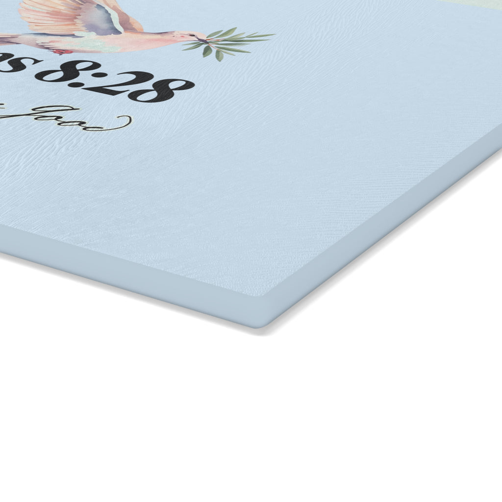 Glass Cutting Board | Romans 8:28 Dove with Olive Branch Kitchen Decor