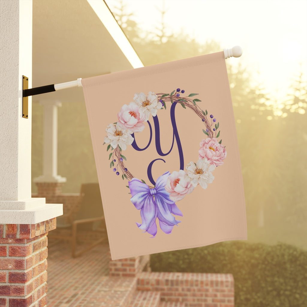 Home & Garden Banner | 'Y' Monogram Peach Wreath Flag