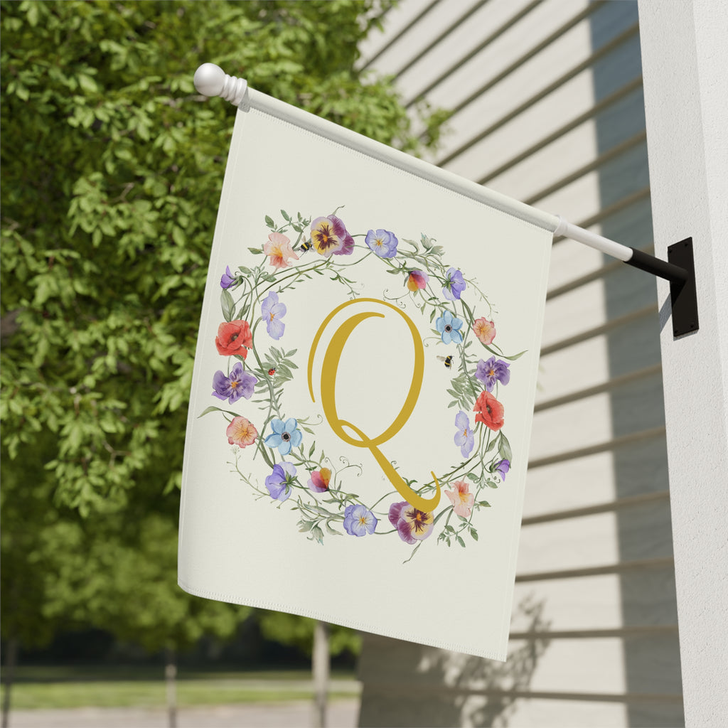 Home & Garden Banner | 'Q' Monogram Wildflowers Wreath Flag