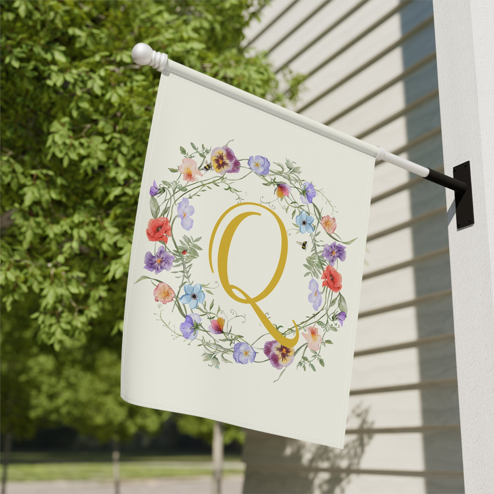 Home & Garden Banner | 'Q' Monogram Wildflowers Wreath Flag