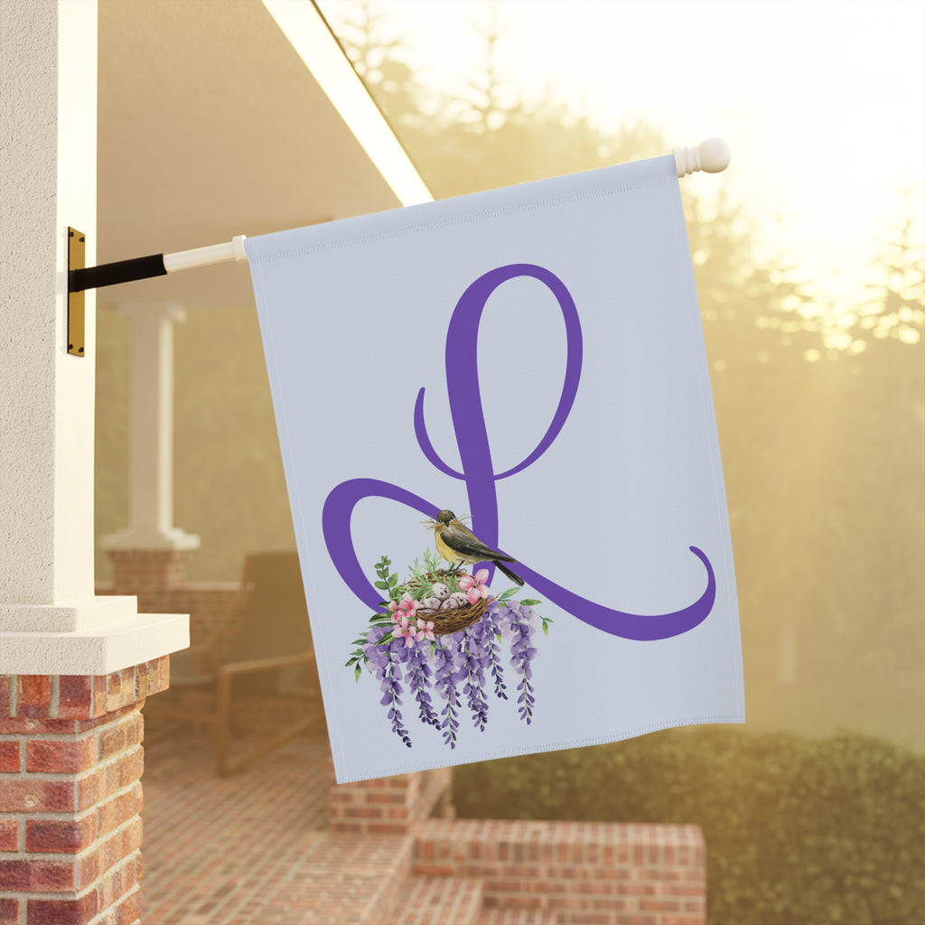 Home & Garden Banner | 'L' Monogram Wreath & Bird's Nest Floral Flag