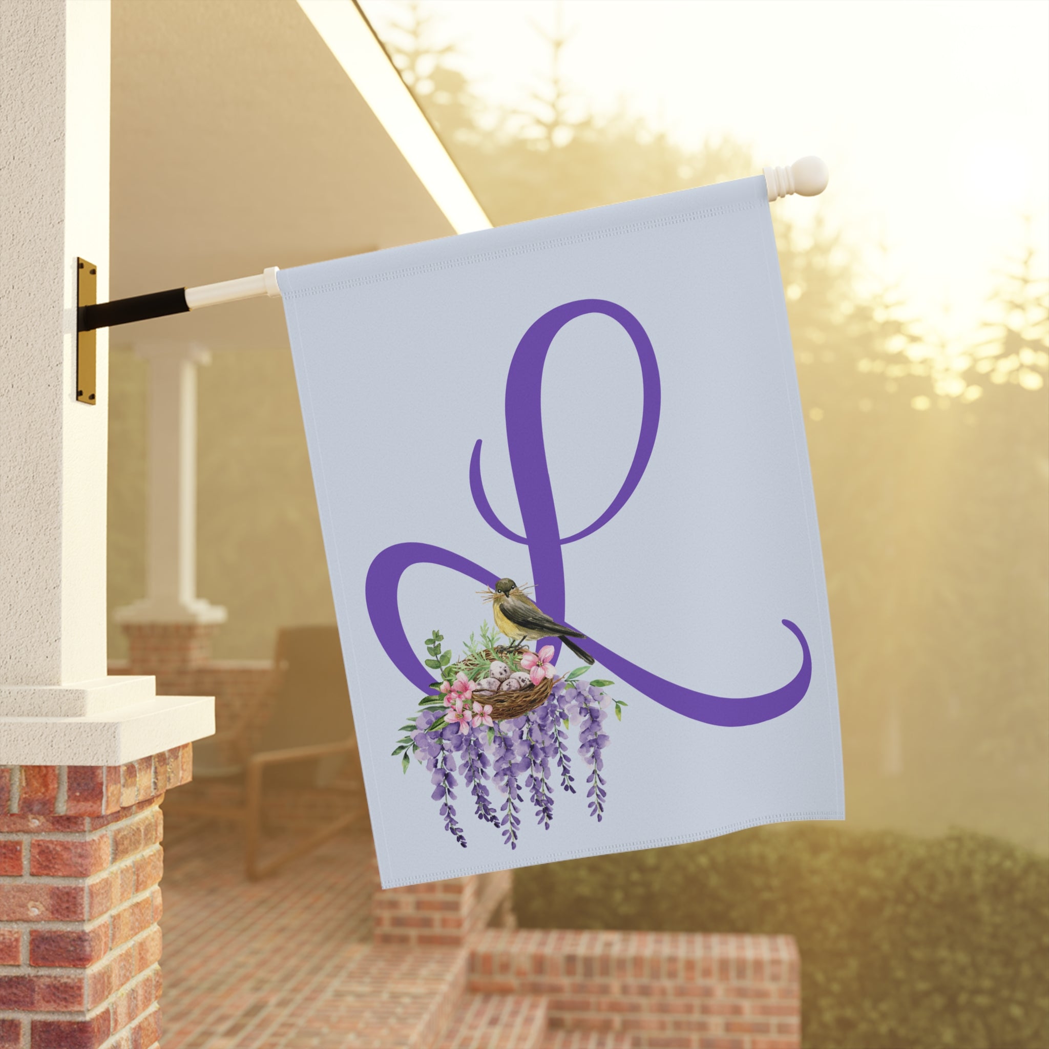 Home & Garden Banner | 'L' Monogram Wreath & Bird's Nest Floral Flag