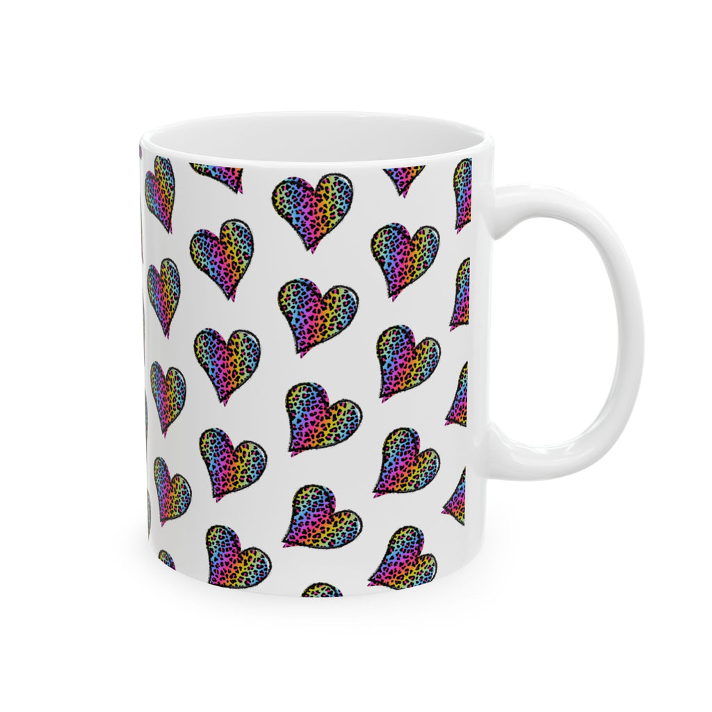 Coffee Mug | Neon Leopard Print Hearts Ceramic Coffee Cup (11oz & 15oz)