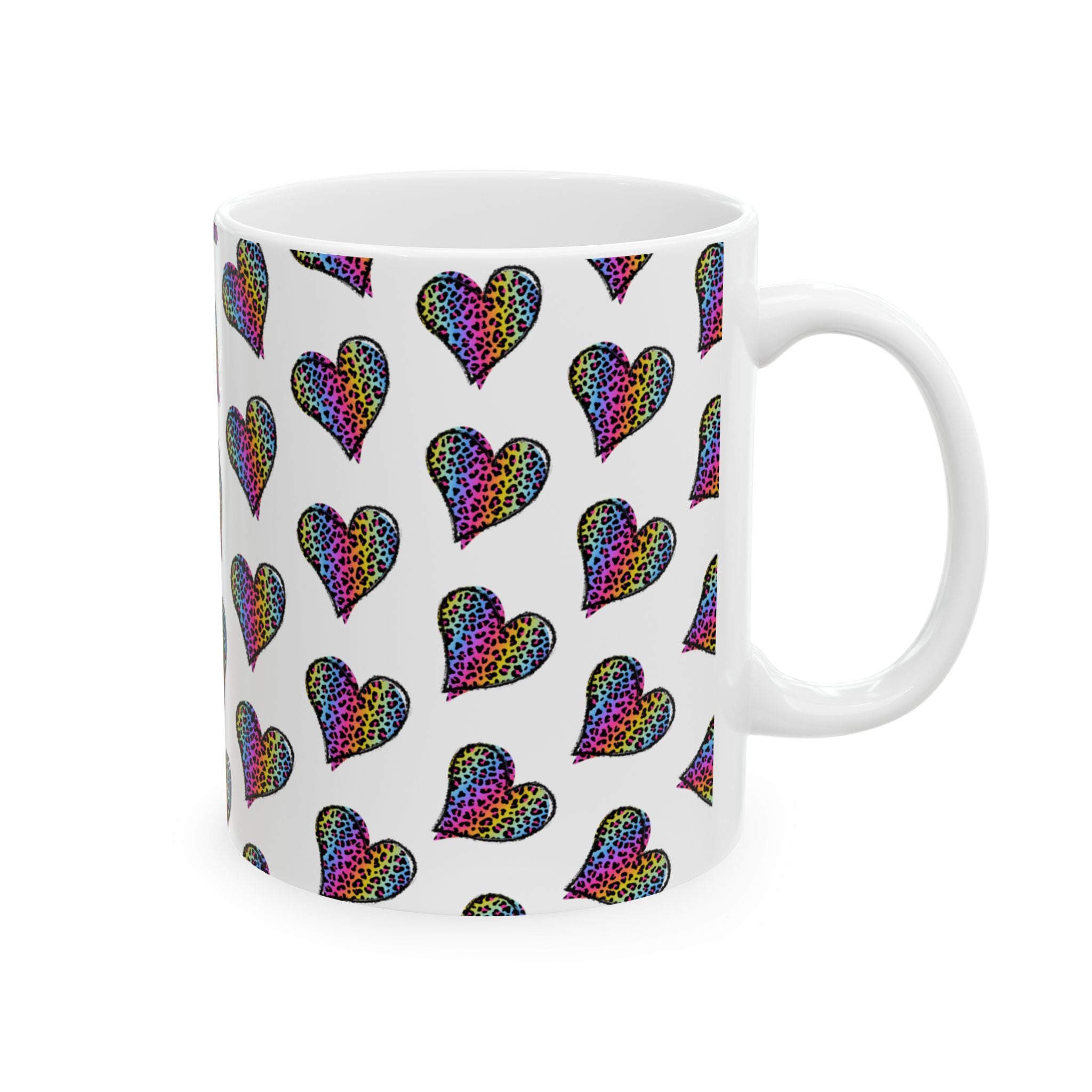 Coffee Mug | Neon Leopard Print Hearts Ceramic Coffee Cup (11oz & 15oz)