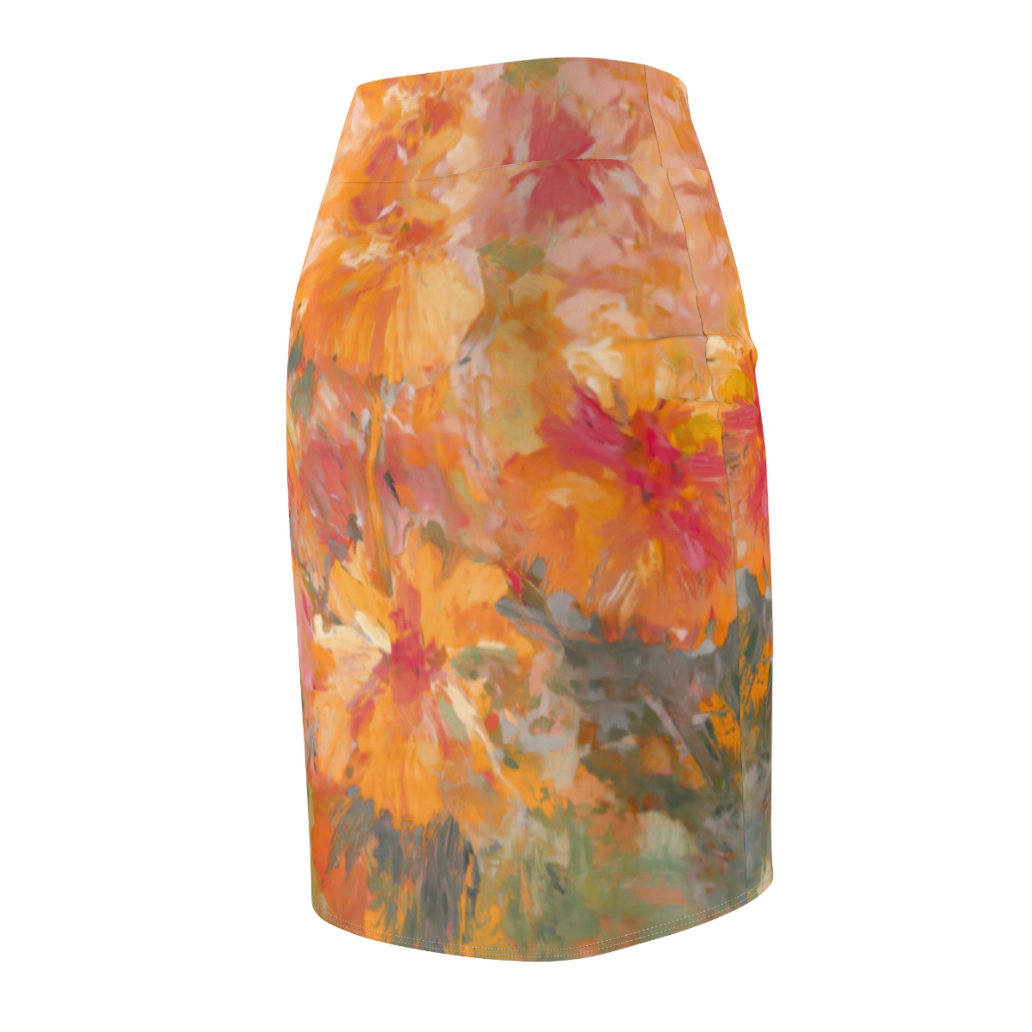 Women's Pencil Skirt | Watercolor Orange & Pink Abstract Floral Midi
