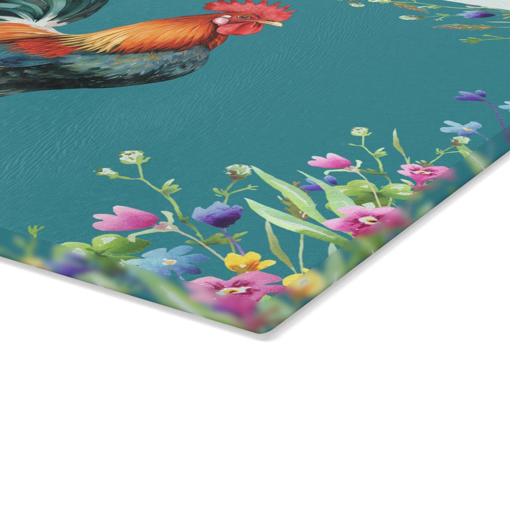 Glass Cutting Board | Rooster and Chicks Farmhouse Floral Kitchen Decor