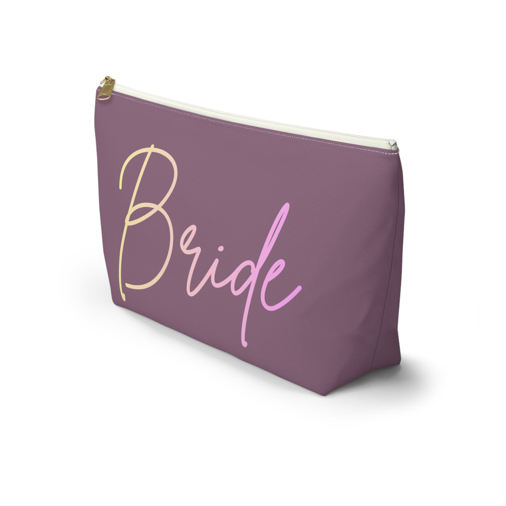 T Bottom Accessory Pouch | 'Bride' Script Muted Mauve and Pastel Cosmetic Bag