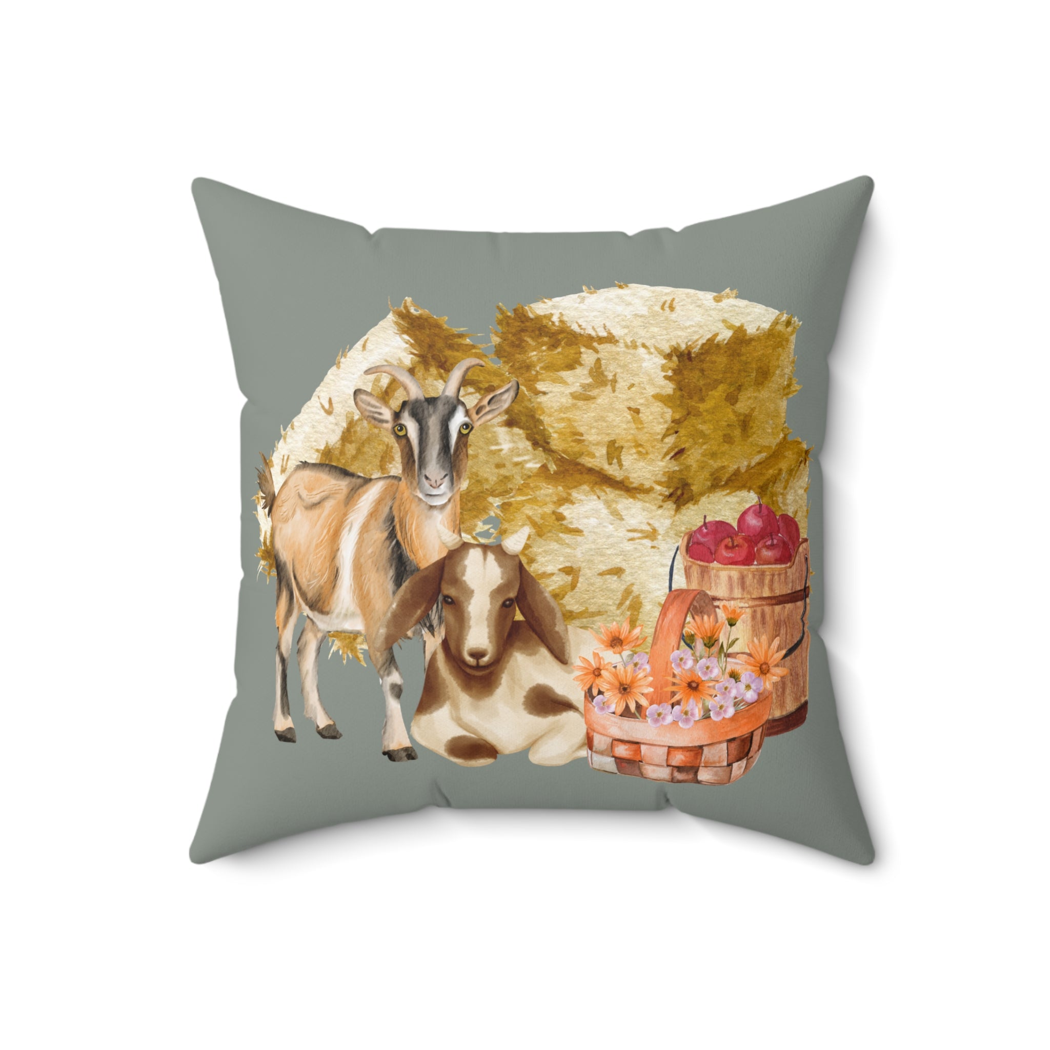 Throw Pillow | Rustic Farmhouse Animal with Baskets & Apples Square Pillow