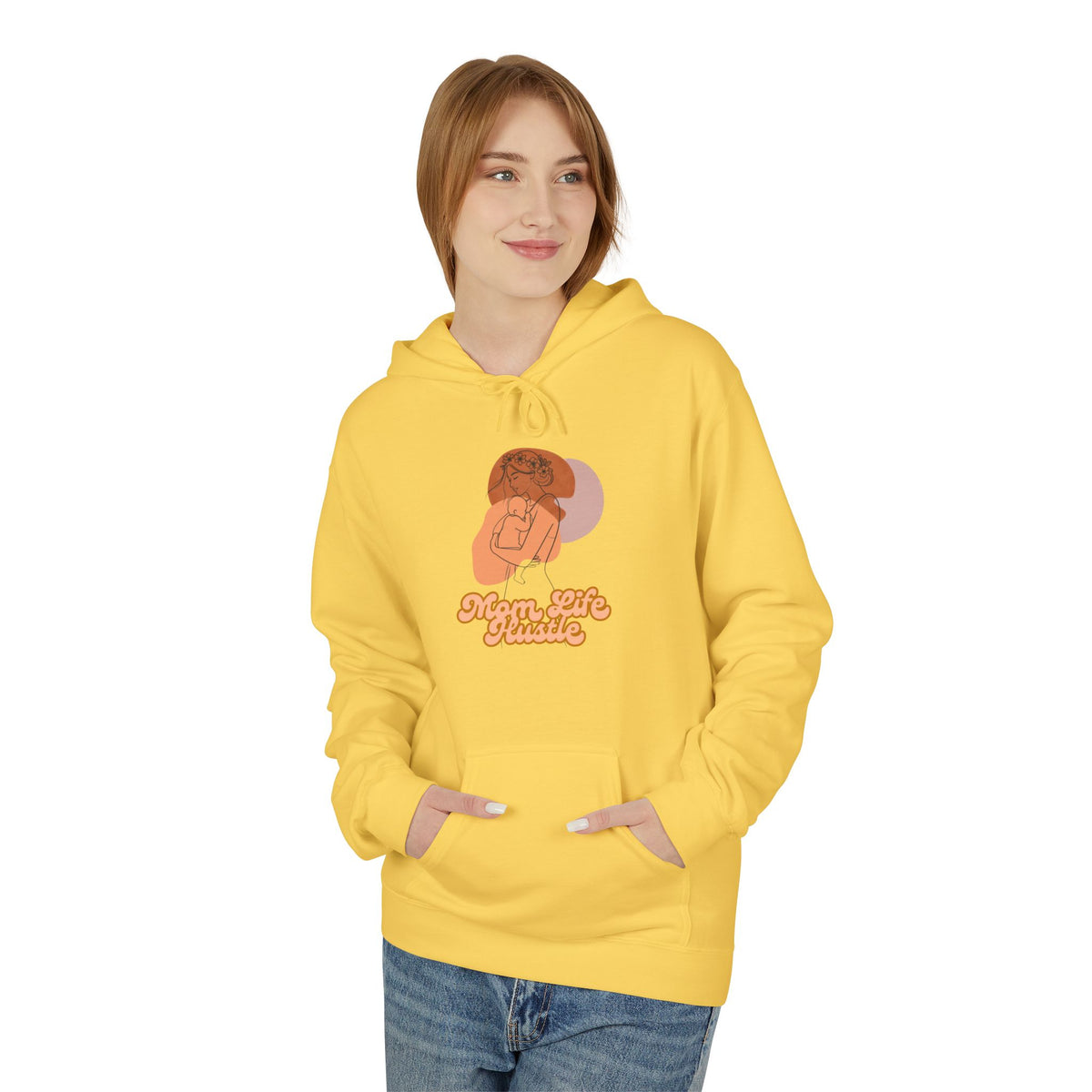 'Mom Life Hustle' Retro Hoodie | Delicate Line Illustration of a Mother & Baby