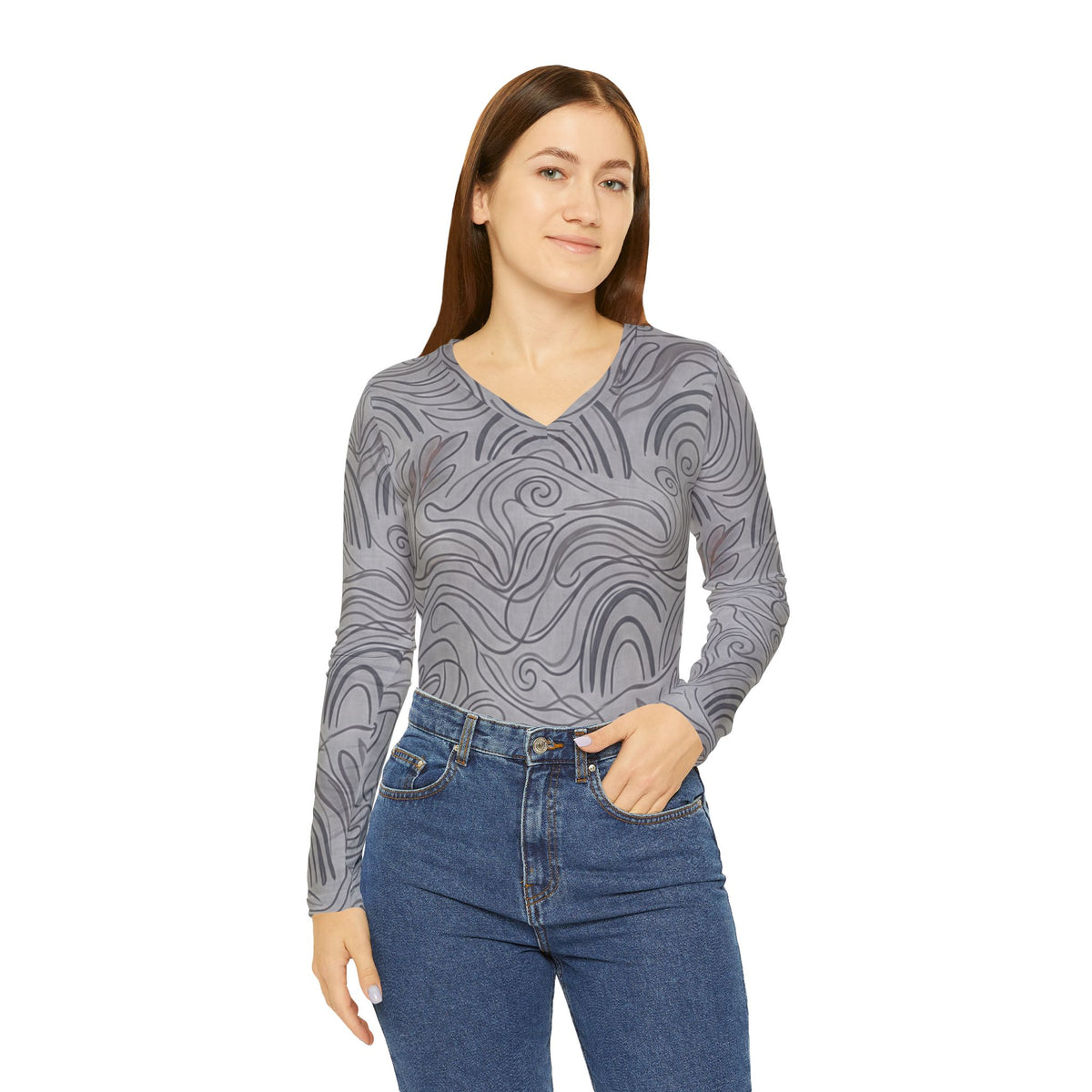Abstract Swirls Long Sleeve V-Neck Shirt