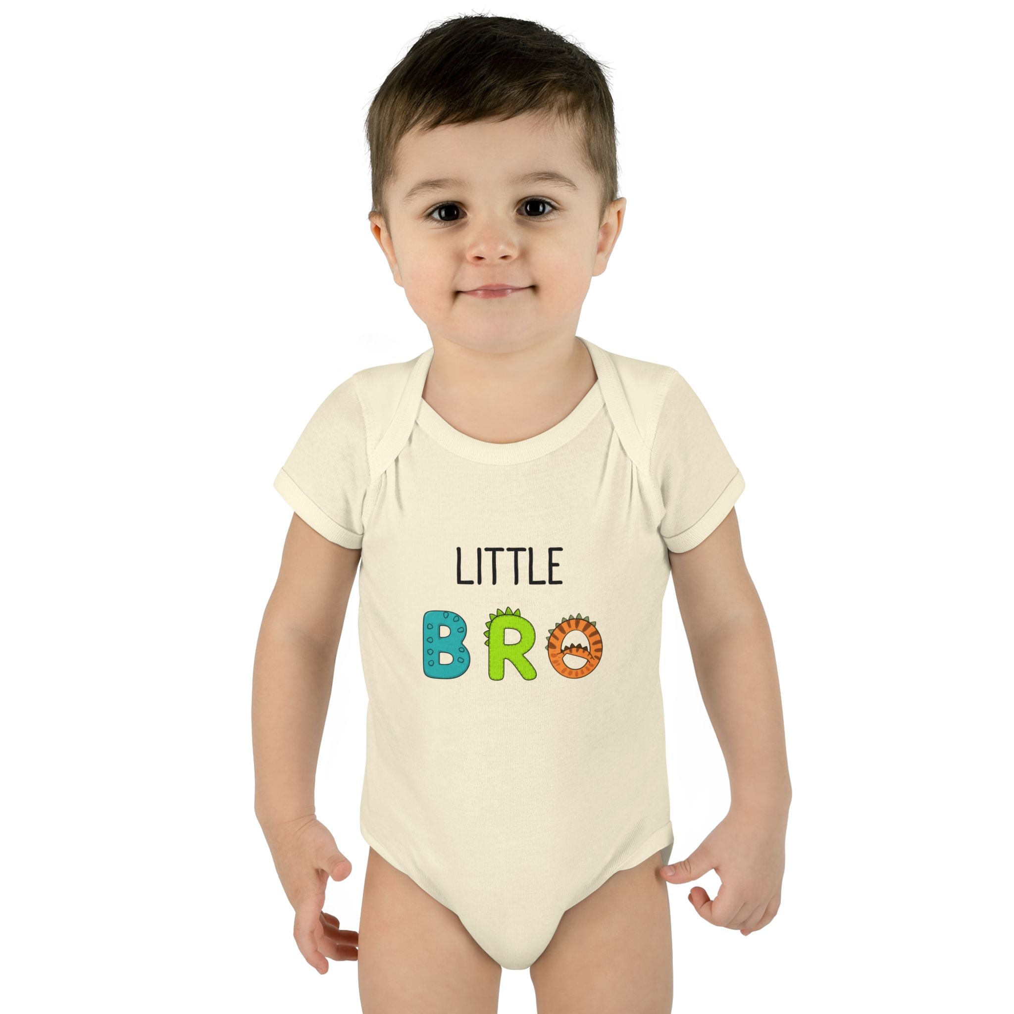 Baby Bodysuit | 'Little Bro' Sibling Infant Onesie with Colorful Dino Letters