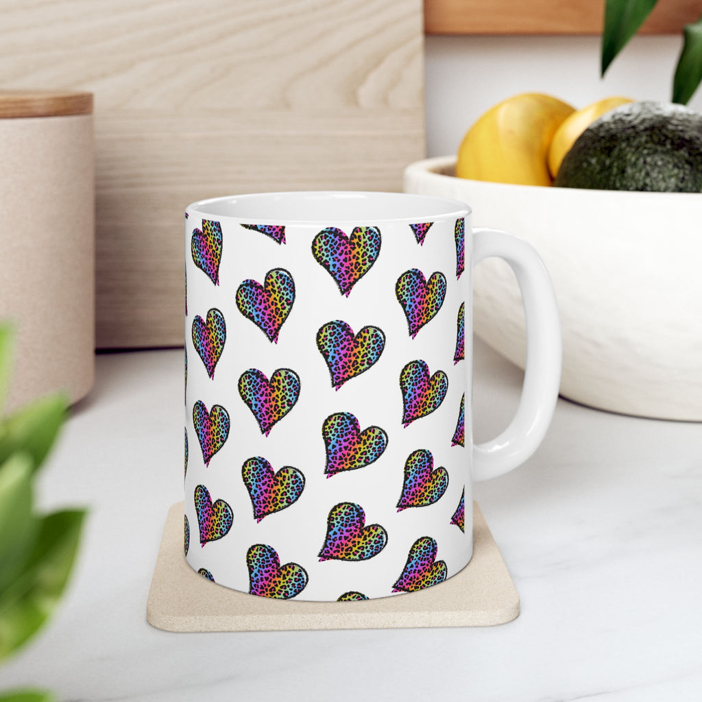 Coffee Mug | Neon Leopard Print Hearts Ceramic Coffee Cup (11oz & 15oz)