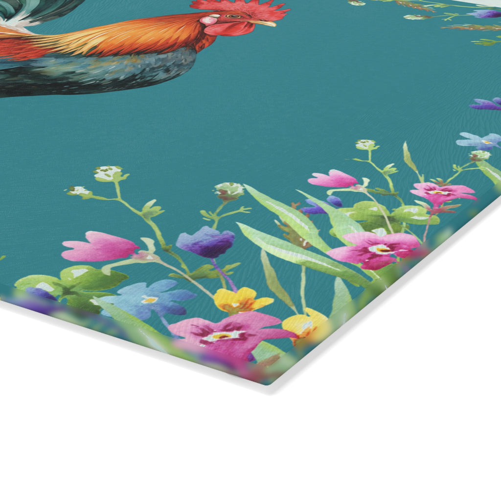 Glass Cutting Board | Rooster and Chicks Farmhouse Floral Kitchen Decor