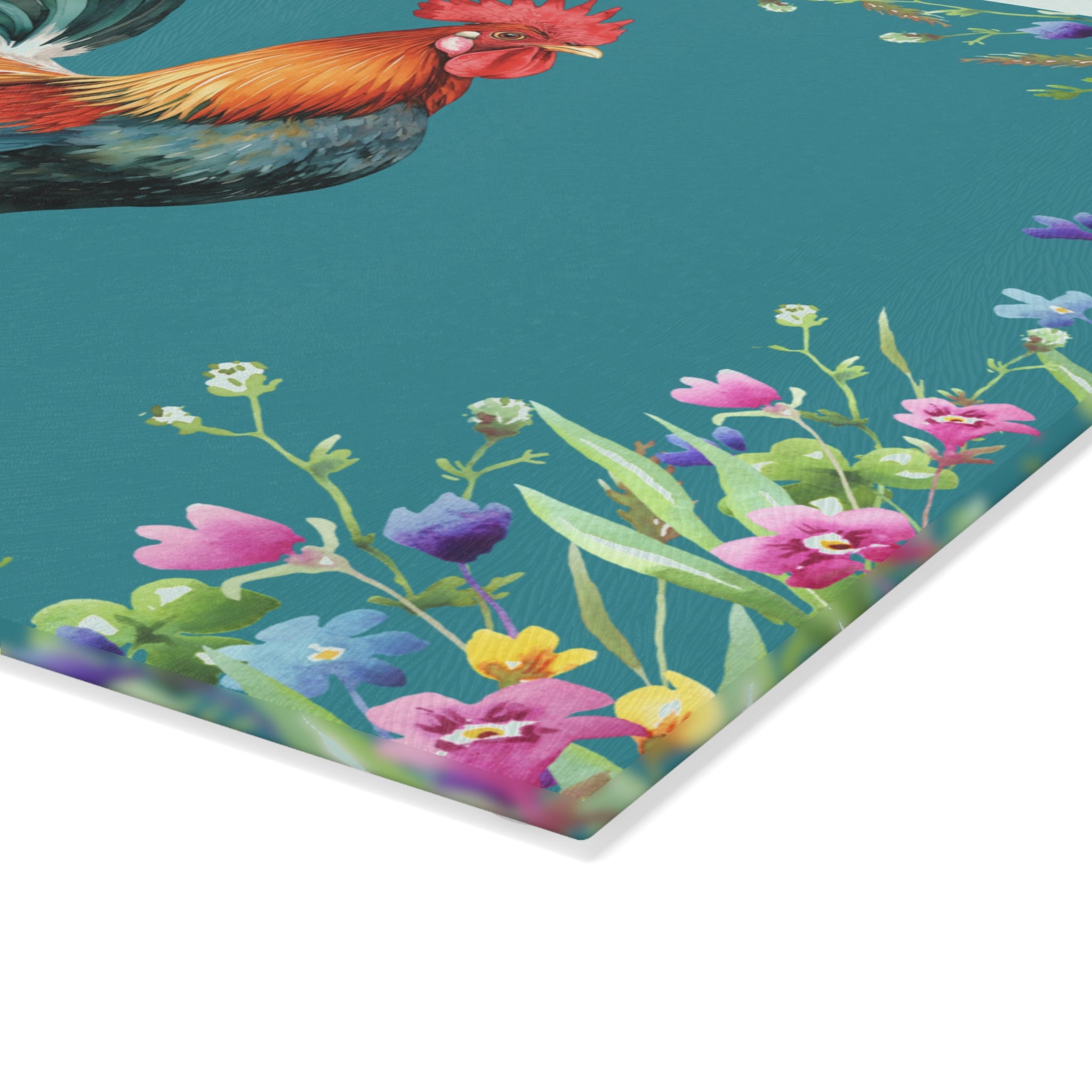 Glass Cutting Board | Rooster and Chicks Farmhouse Floral Kitchen Decor