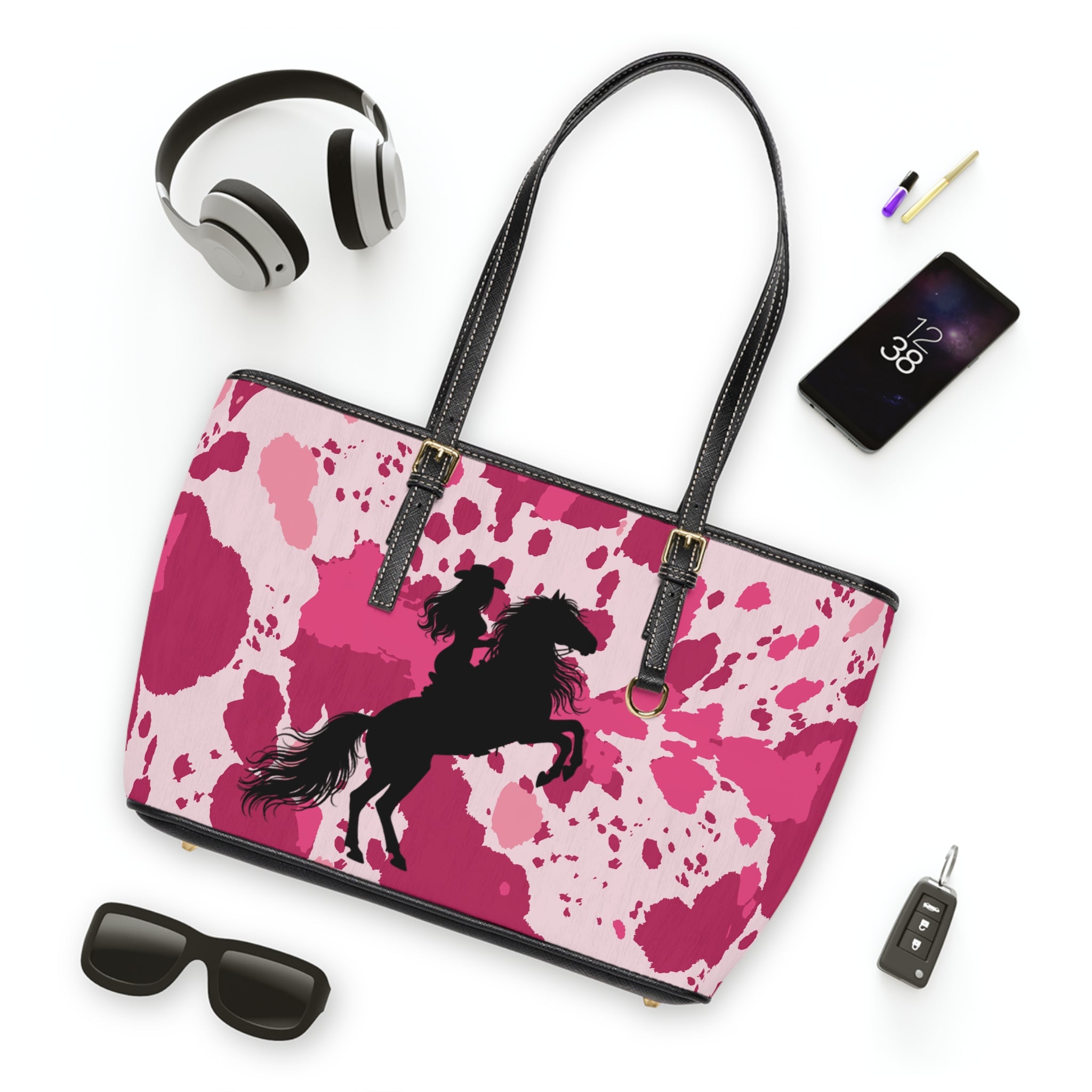 Handbag | Pink Cowhide Print with Woman on Horse Silhouette