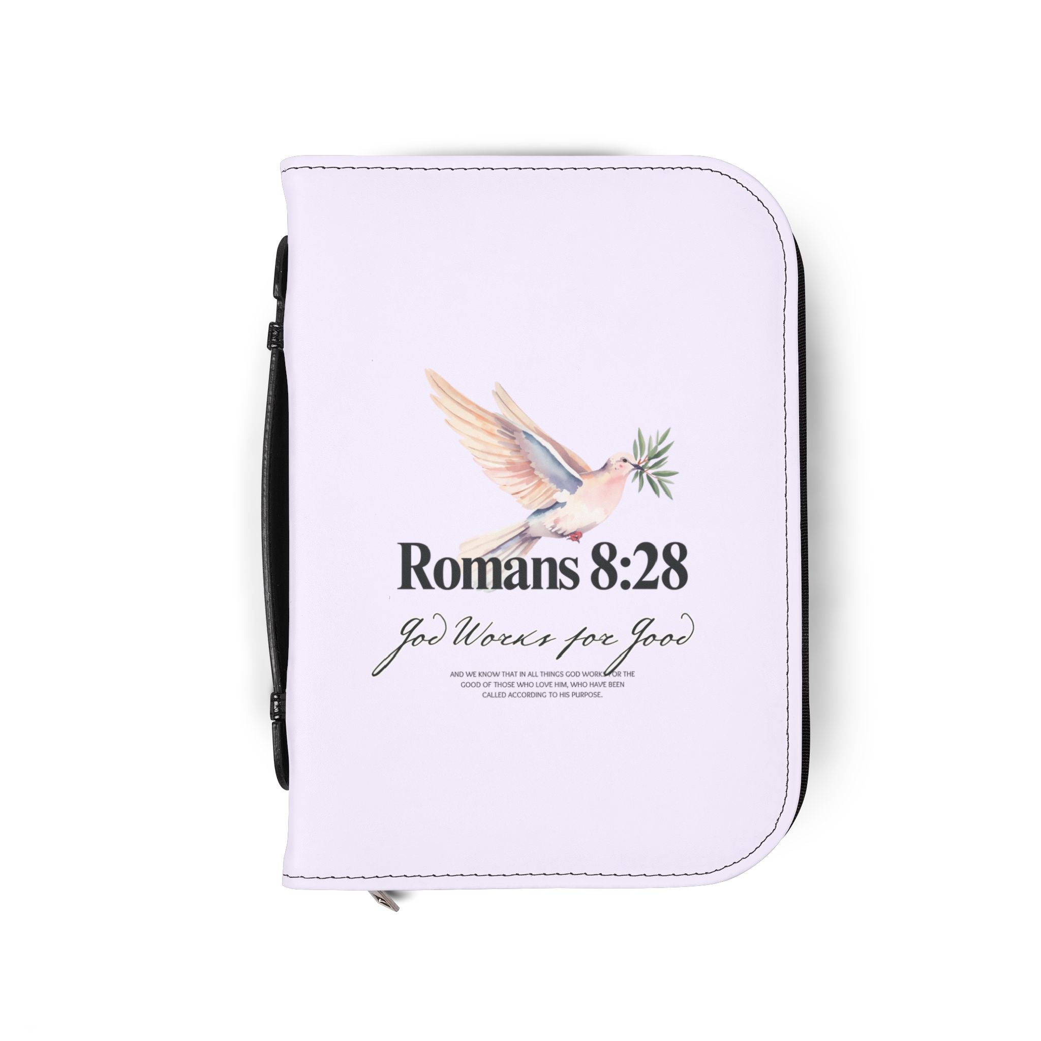 Bible Cover | Romans 8:28 Scripture Dove with Olive Branch Zippered Case