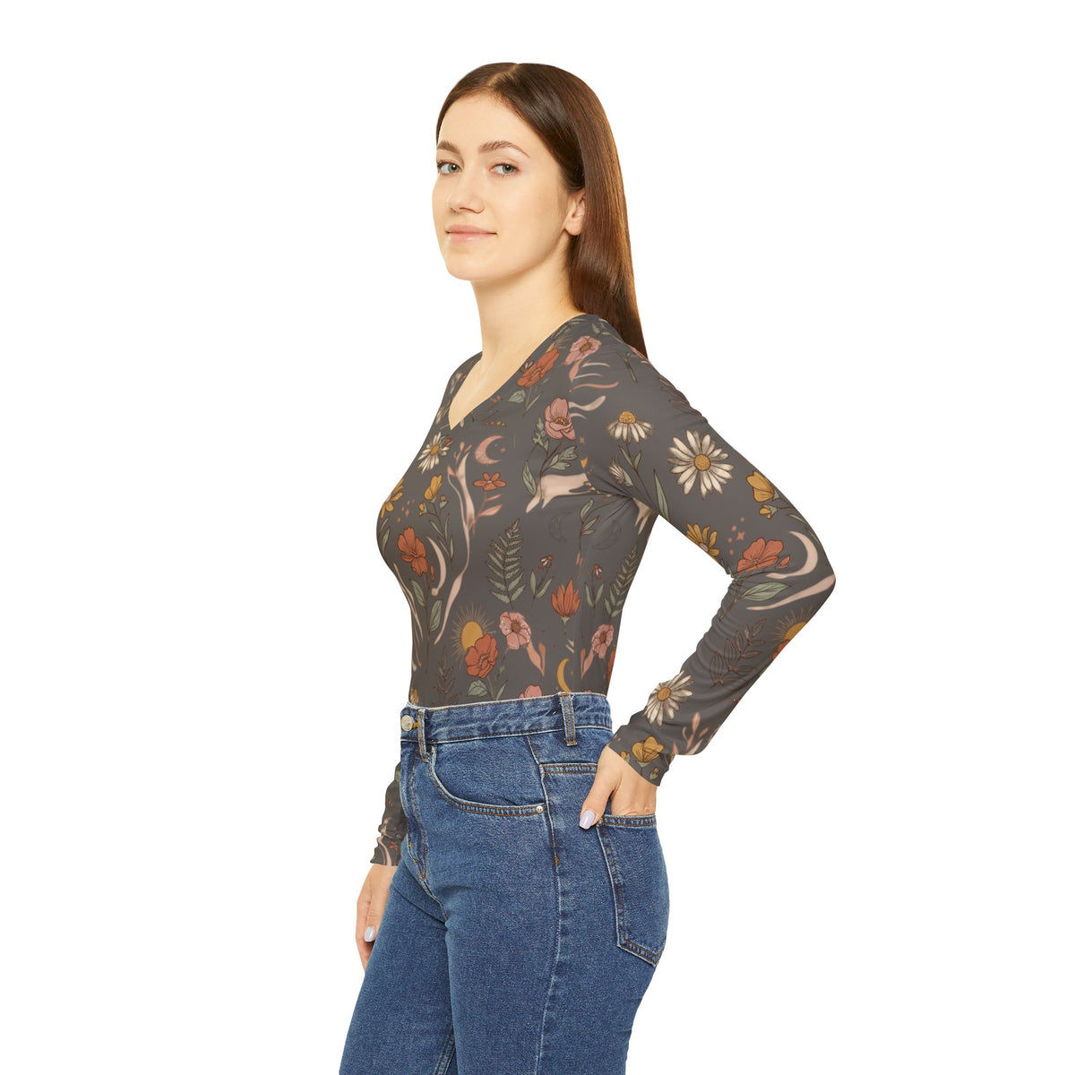 Floral Moon Boho Long Sleeve V-Neck Shirt