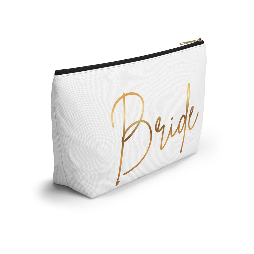 T Bottom Accessory Pouch | 'Bride' White with Gold Script Cosmetic Bag