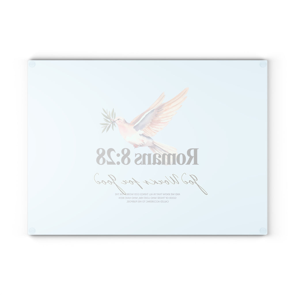 Glass Cutting Board | Romans 8:28 Dove with Olive Branch Kitchen Decor