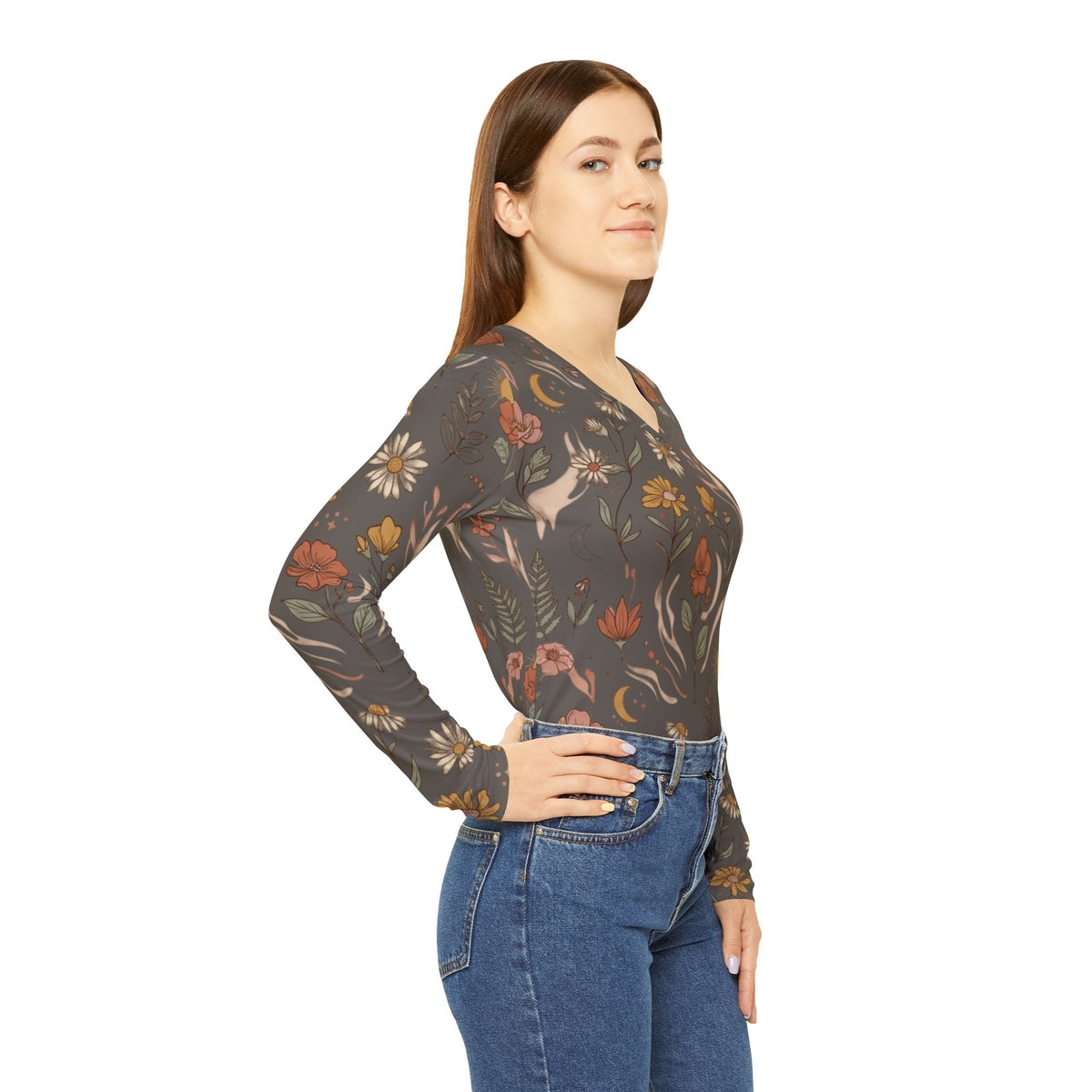 Floral Moon Boho Long Sleeve V-Neck Shirt
