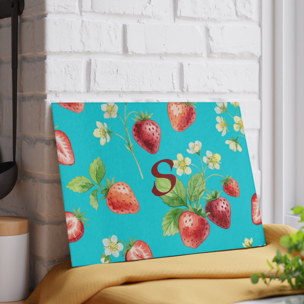 Glass Cutting Board | Strawberry Pattern Custom Monogram Kitchen Decor