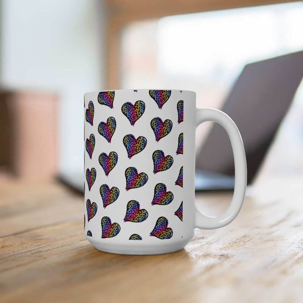 Coffee Mug | Neon Leopard Print Hearts Ceramic Coffee Cup (11oz & 15oz)