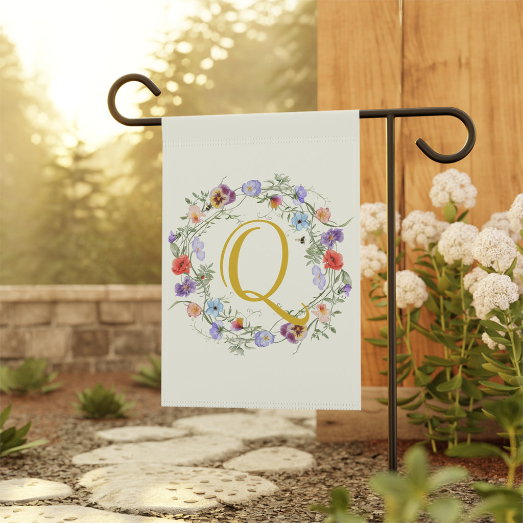 Home & Garden Banner | 'Q' Monogram Wildflowers Wreath Flag