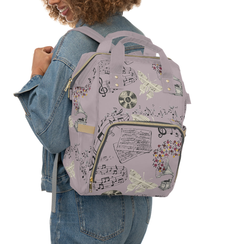 Diaper Backpack | Multifunctional Baby Bag with Vintage Gramophone & Sheet Music Print