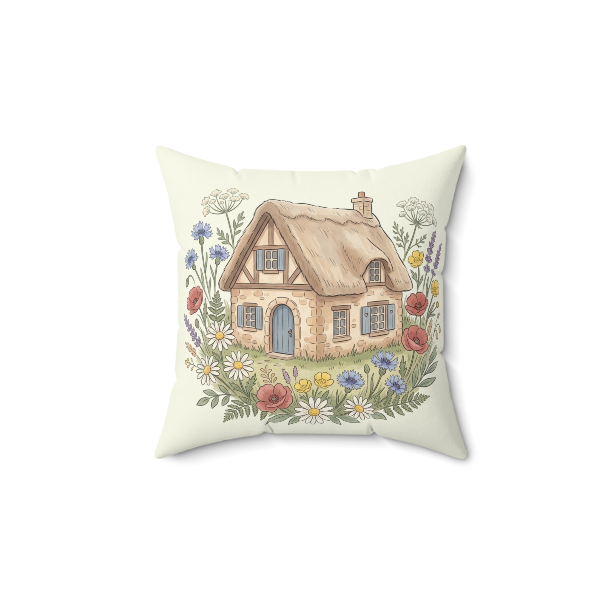 Throw Pillow | Cozy Thatched Cottage with Wildflowers