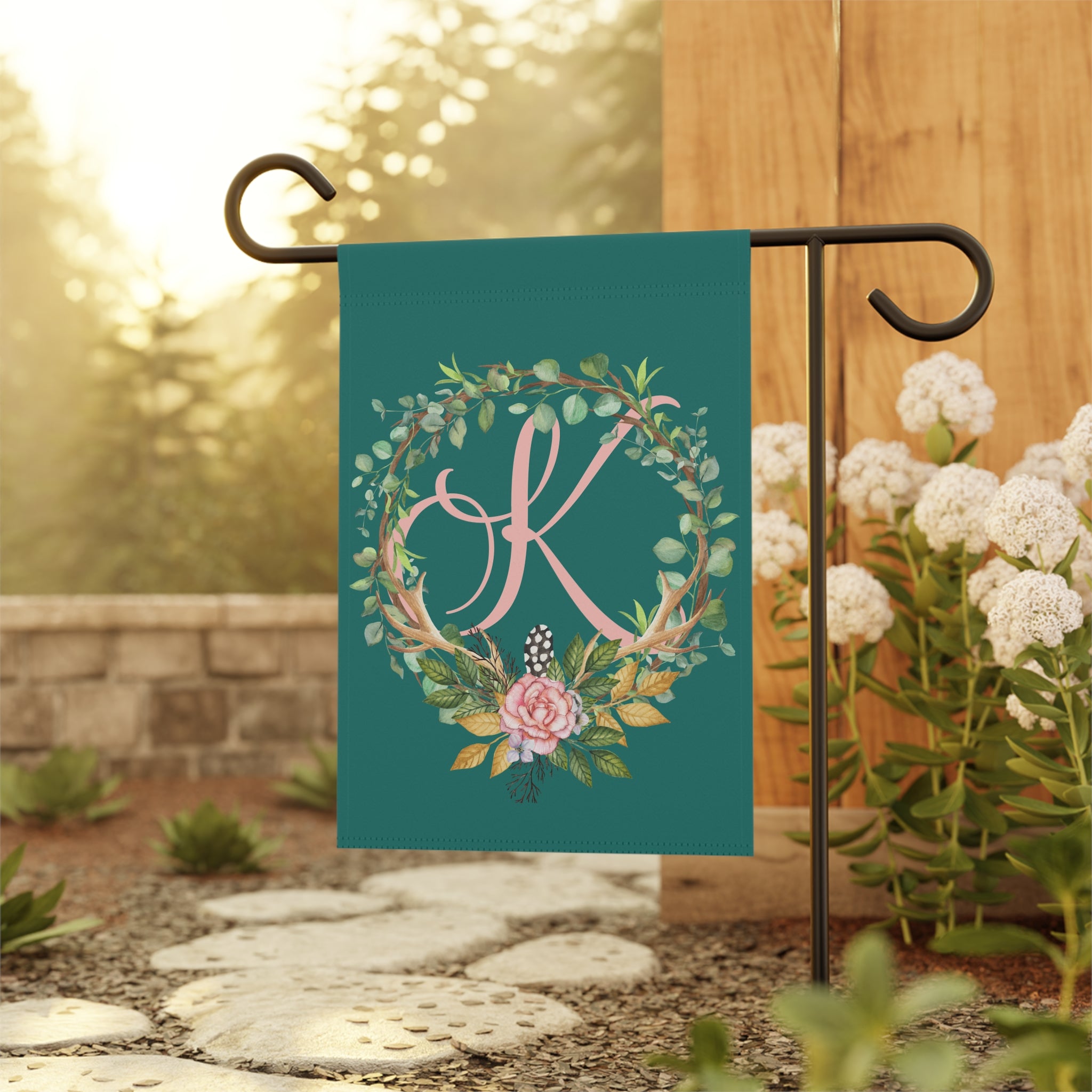 Home & Garden Banner | 'K' Monogram Floral Boho Wreath Flag