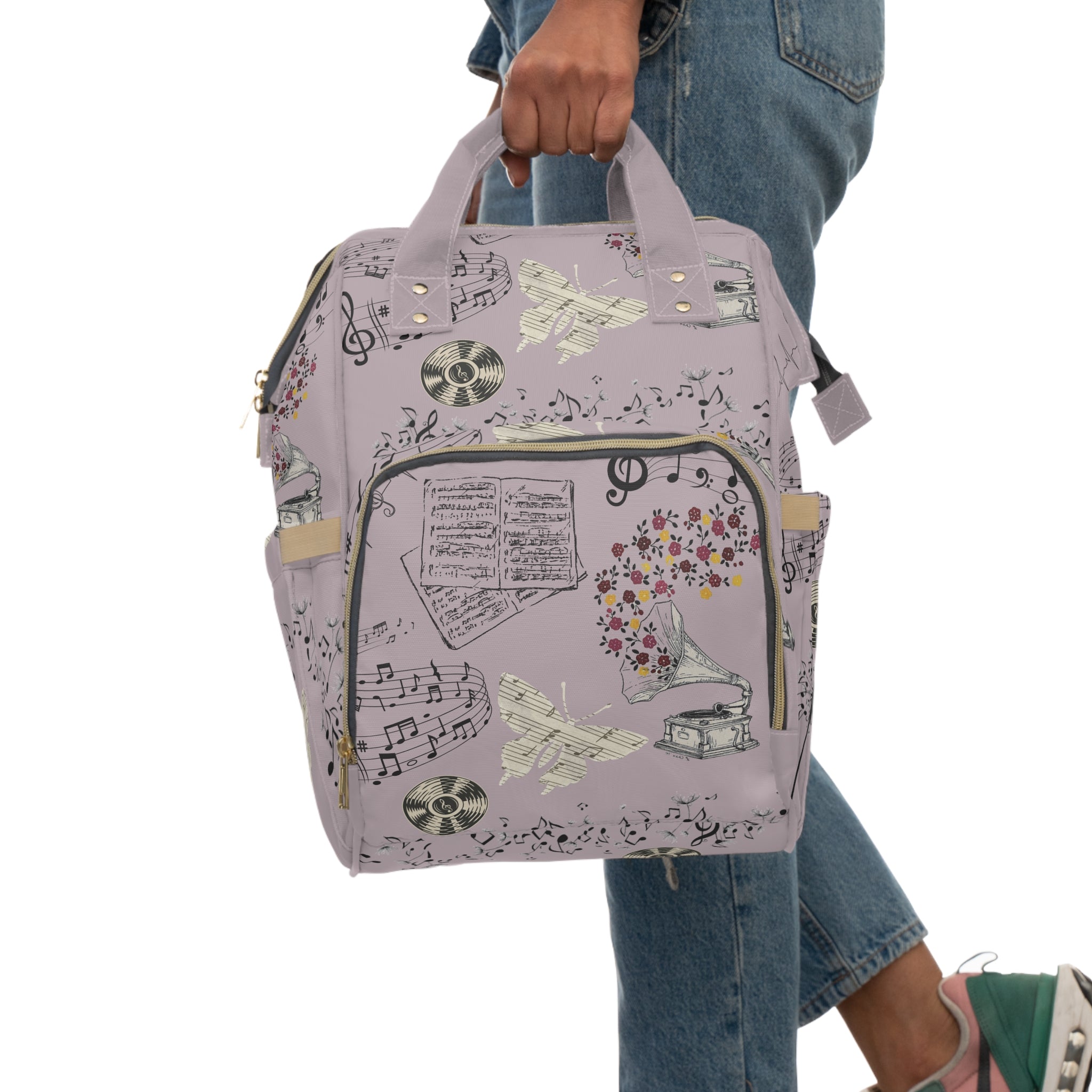 Diaper Backpack | Multifunctional Baby Bag with Vintage Gramophone & Sheet Music Print