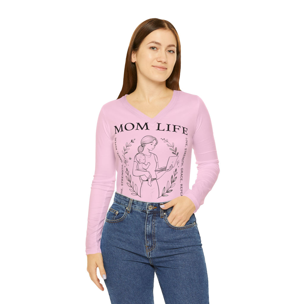 Mom Life Hustle Pale Pink Long Sleeve V-Neck Shirt