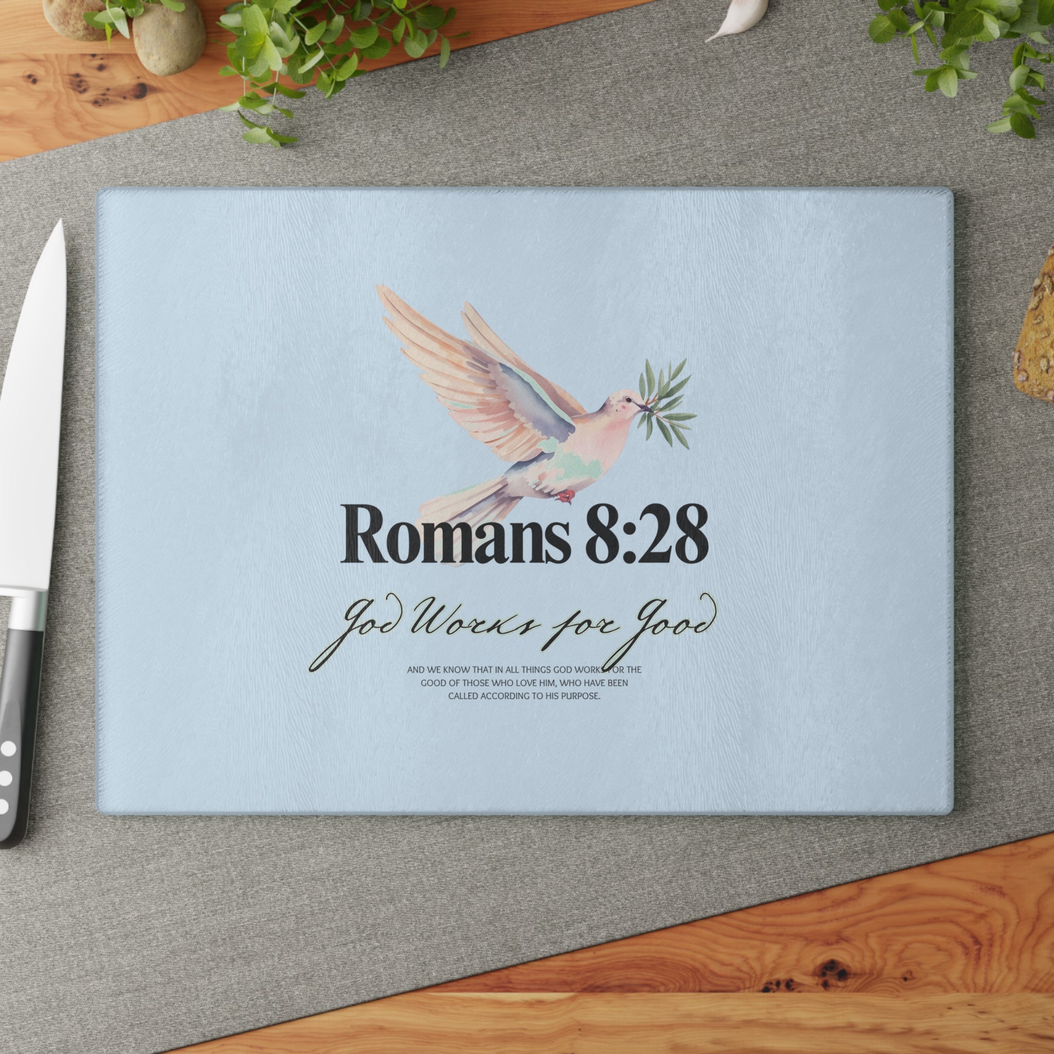 Glass Cutting Board | Romans 8:28 Dove with Olive Branch Kitchen Decor