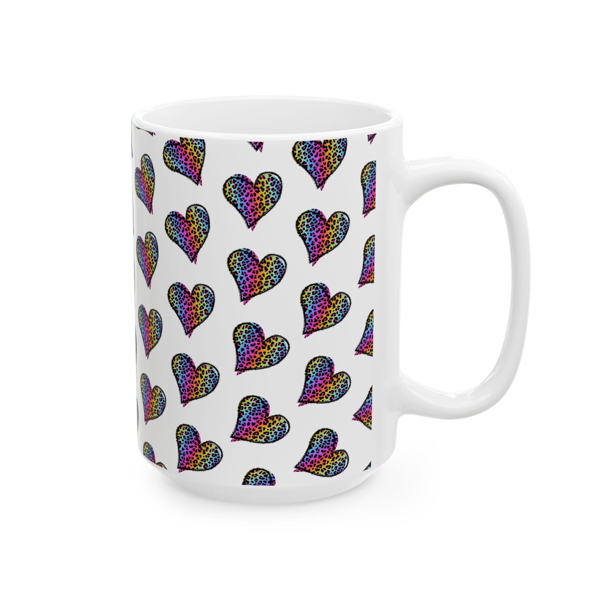 Coffee Mug | Neon Leopard Print Hearts Ceramic Coffee Cup (11oz & 15oz)