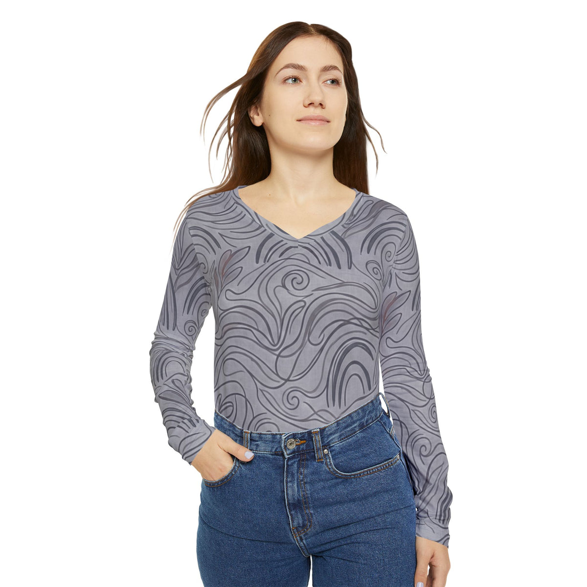 Abstract Swirls Long Sleeve V-Neck Shirt