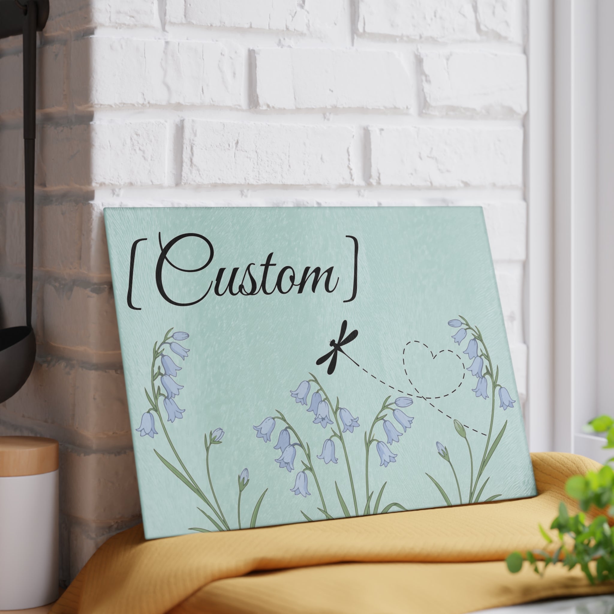 Glass Cutting Board | Bluebell Floral and Dragonfly with Custom Name Option