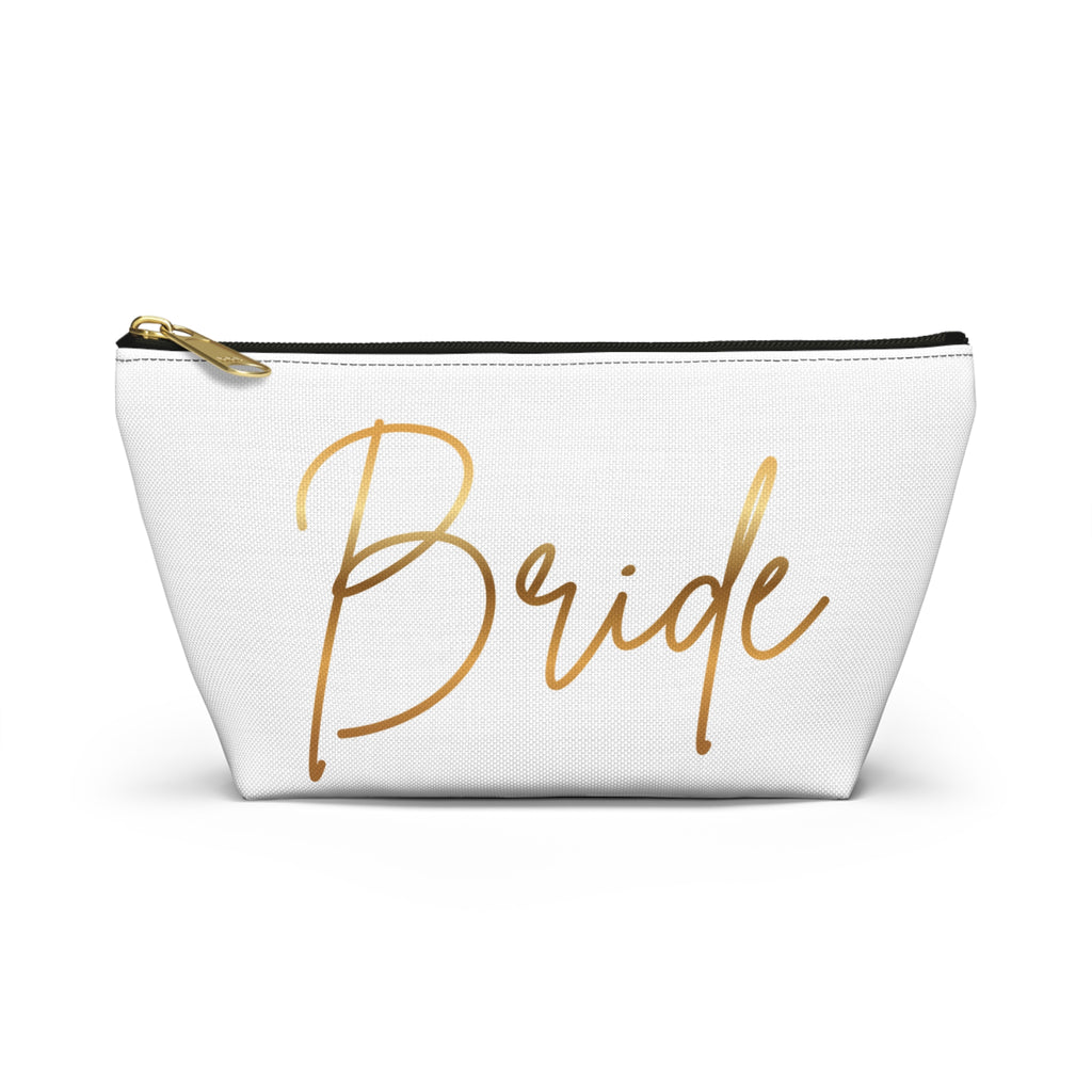T Bottom Accessory Pouch | 'Bride' White with Gold Script Cosmetic Bag