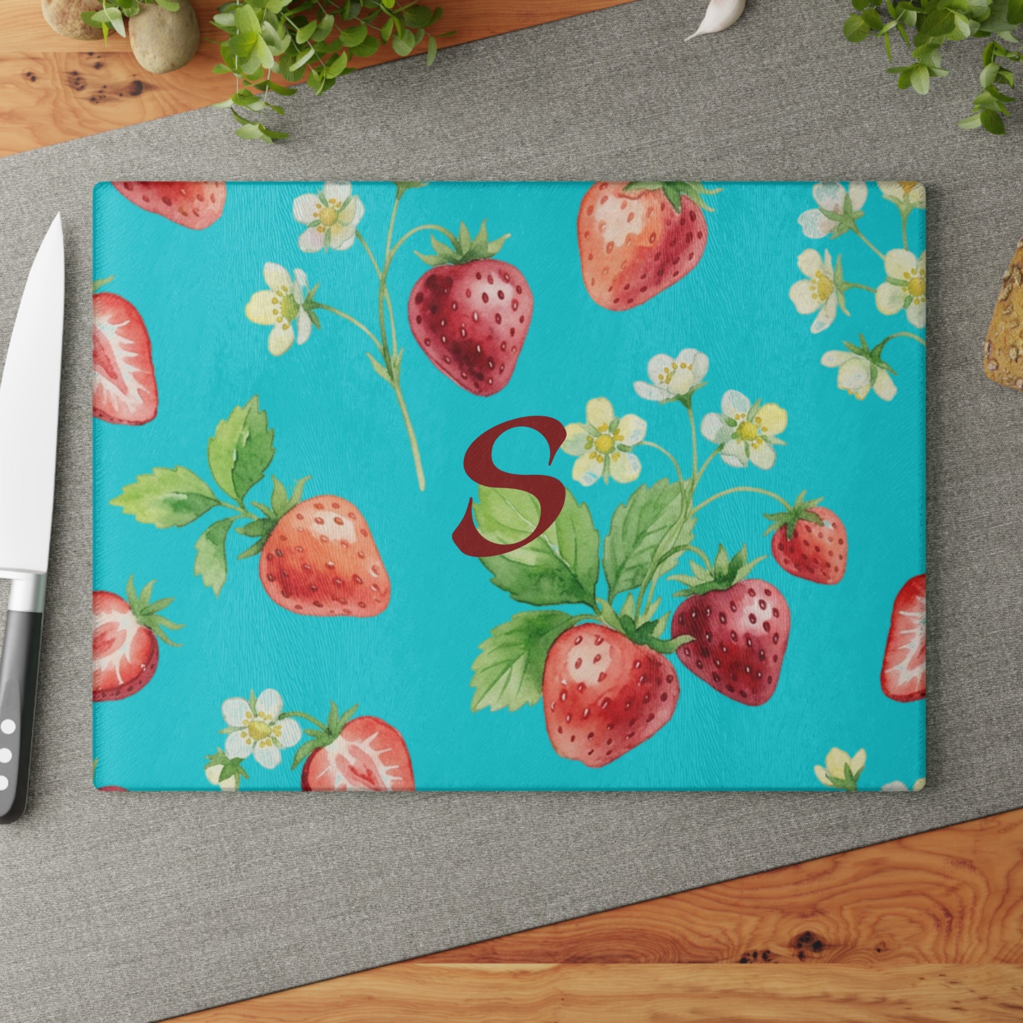 Glass Cutting Board | Strawberry Pattern Custom Monogram Kitchen Decor